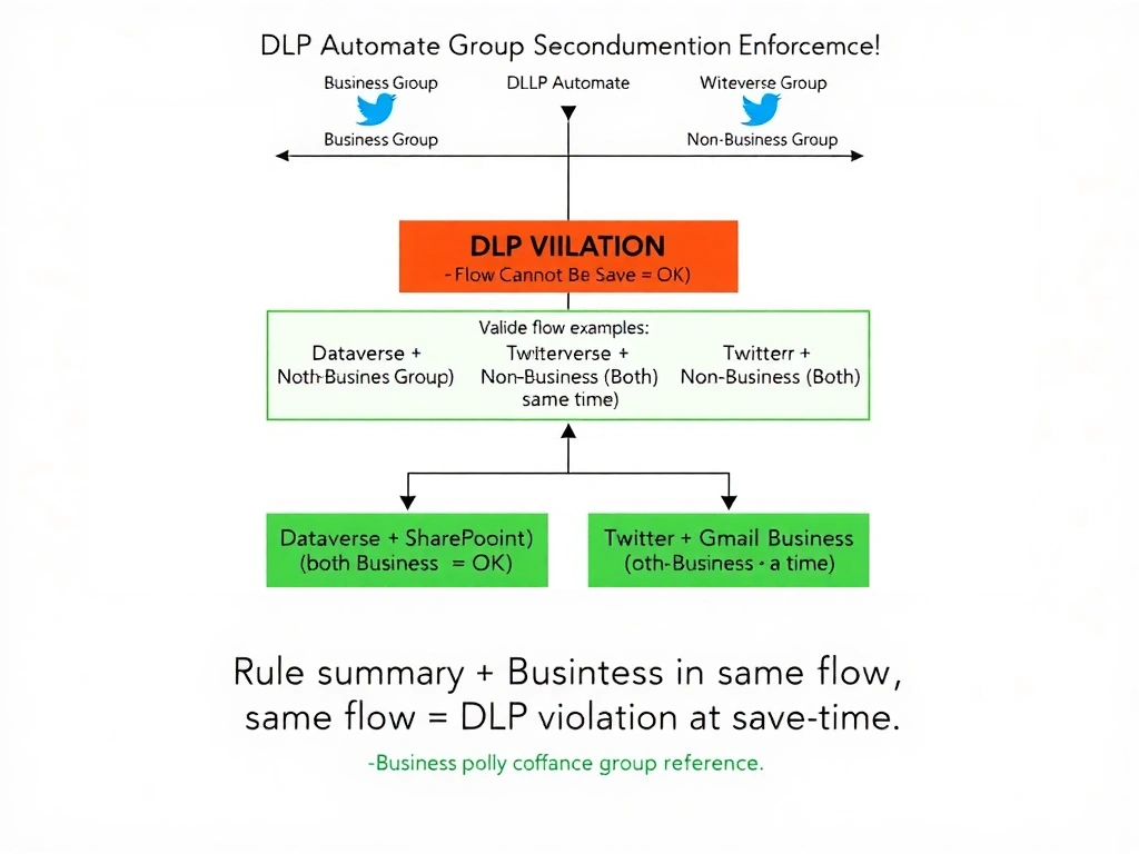 Portrait infographic (1536x2048) illustrating DLP connector group separation enforcement. Top: DLP policy table with two columns — 'Business Group' (Dataverse icon in blue) and 'Non-Business Group' (Twitter bird icon in red). Center: a Power Automate flow diagram showing a Dataverse read action and a Twitter post action in the same flow. A large red warning overlay with 'DLP VIOLATION — Flow Cannot Be Saved' text. Below: two valid flow examples in green boxes — 'Dataverse + SharePoint (both Business = OK)' and 'Twitter + Gmail (both Non-business = OK)'. Bottom: rule summary text: 'Business + Non-Business in same flow = DLP violation at save time.' Microsoft compliance red and blue on white. Clean policy reference diagram.