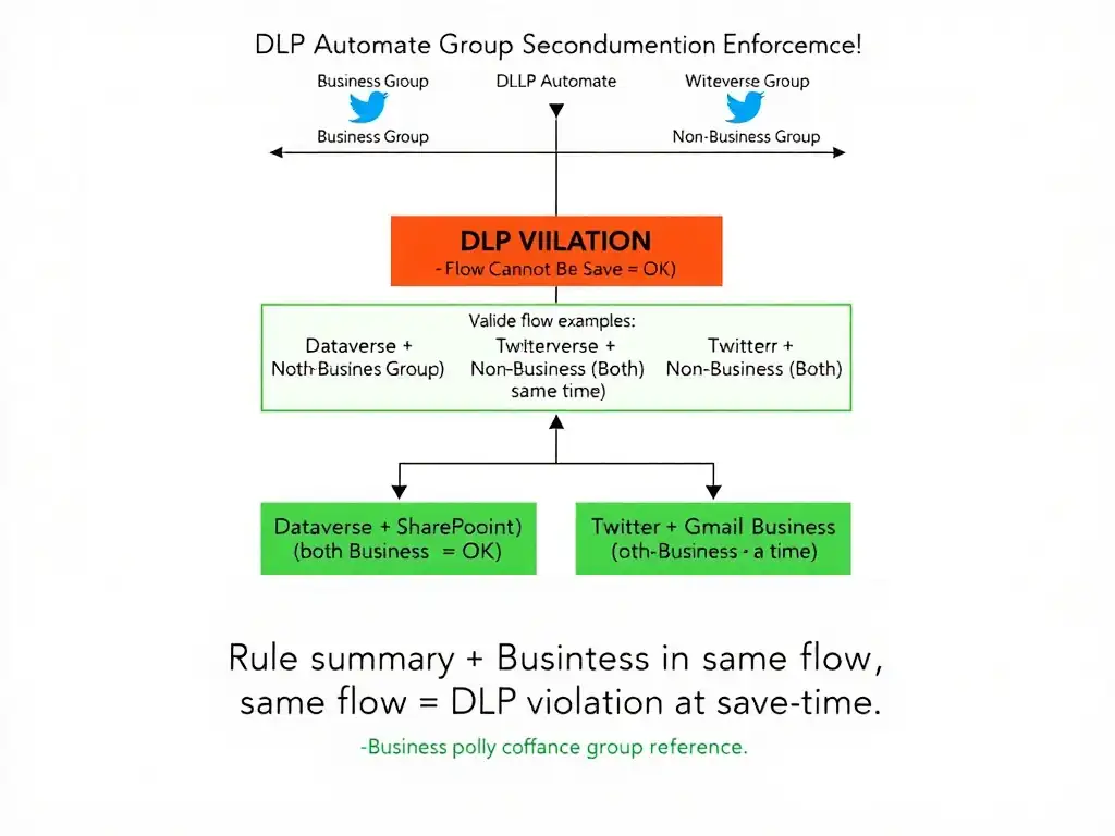 Portrait infographic (1536x2048) illustrating DLP connector group separation enforcement. Top: DLP policy table with two columns — 'Business Group' (Dataverse icon in blue) and 'Non-Business Group' (Twitter bird icon in red). Center: a Power Automate flow diagram showing a Dataverse read action and a Twitter post action in the same flow. A large red warning overlay with 'DLP VIOLATION — Flow Cannot Be Saved' text. Below: two valid flow examples in green boxes — 'Dataverse + SharePoint (both Business = OK)' and 'Twitter + Gmail (both Non-business = OK)'. Bottom: rule summary text: 'Business + Non-Business in same flow = DLP violation at save time.' Microsoft compliance red and blue on white. Clean policy reference diagram.
