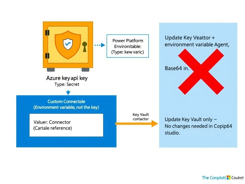 Portrait infographic (1536x2048) showing enterprise API key management for Copilot Studio. Three-tier stack: Top tier 'Azure Key Vault' (key vault icon with shield) containing a secret labeled 'weather-api-key: [hidden]' and a 'Rotation' arrow showing new key version. Middle tier 'Power Platform Environment Variable (Type: Secret)' box showing 'Value: [Key Vault URI reference]' — a callout bubble saying 'Makers see the variable, not the key'. Bottom tier 'Custom Connector → Copilot Studio Agent' showing the connector reading the environment variable reference and calling the Weather API. A rotation workflow on the right shows: Update Key Vault only → No changes needed in Copilot Studio. Red X contrast panel showing Base64 in topic code (wrong). Microsoft blue and gold security color scheme on white.