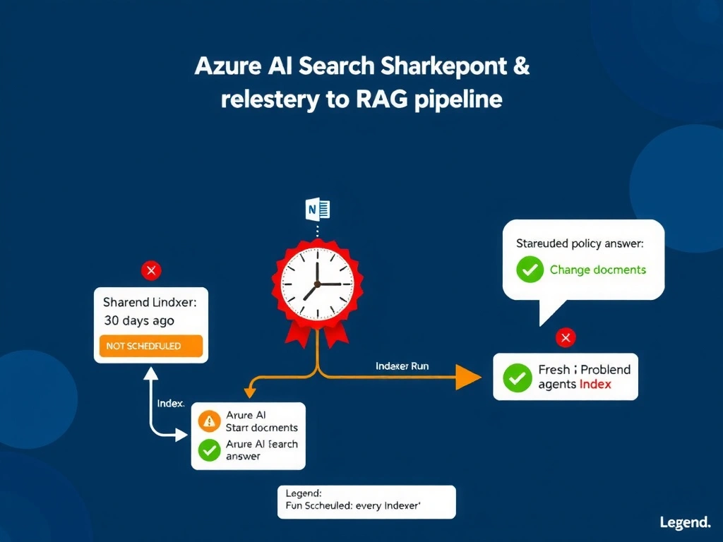 Portrait infographic (1536x2048) illustrating Azure AI Search indexer lifecycle for a RAG pipeline. Top section shows SharePoint document library with updated documents highlighted in amber. A pipeline diagram flows downward: SharePoint → Indexer (with a clock icon showing 'Last run: 30 days ago') → Azure AI Search Index (showing stale documents). A red warning badge on the indexer reads 'NOT SCHEDULED'. Below the stale index, an arrow leads to a Copilot Studio agent speech bubble showing an outdated policy answer with a red X. A second parallel pipeline on the right shows the fixed state: the indexer has a green clock ('Scheduled: every 6 hours'), fresh documents flow into the index, and the agent speech bubble shows a correct updated answer with a green checkmark. Color theme: deep navy background, amber for stale/problem elements, green for fixed elements, white text labels. Include a legend box at bottom explaining Indexer Run, Scheduled Indexer, and Change Detection.