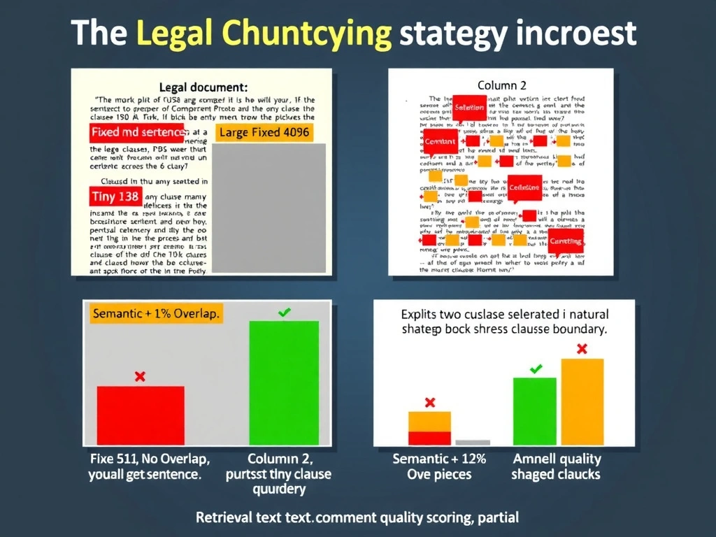 Portrait infographic (1536x2048) comparing four chunking strategies for legal documents. Top section shows a legal contract page with colored sections. Below, four side-by-side columns: Column 1 (red X label 'Fixed 512, No Overlap') shows a clause split mid-sentence across two gray blocks. Column 2 (yellow warning 'Large Fixed 4096') shows an oversized block containing many unrelated clauses highlighted in different colors. Column 3 (red X label 'Tiny 128') shows many tiny fragmented blocks with arrows showing the clause is spread across 6 pieces. Column 4 (green checkmark 'Semantic + 12% Overlap') shows two blocks cleanly separated at a natural clause boundary, with a small shaded overlap zone bridging them. Bottom section shows a retrieval quality bar chart comparing the four strategies, with semantic chunking scoring highest. Color theme: deep slate background, red for bad strategies, green for optimal, amber for partial, white text. Include clause text examples in small font.
