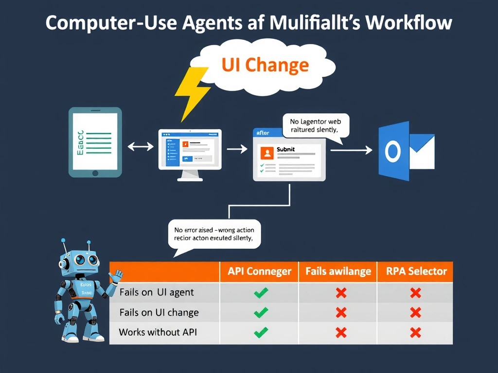 Portrait infographic (1536x2048) illustrating computer-use agent reliability risks in a multi-app workflow. Top section shows a four-step workflow pipeline: Excel icon → Legacy HR App screen → Web Portal screen → Outlook icon, connected by arrows. A computer-use robot character with camera eyes observes each screen. In the center of the infographic, a 'UI Change' lightning bolt strikes the Legacy HR App screen, showing before/after screenshots: before has a 'Submit' button in the top-right, after shows it moved to the bottom-left. Below, the robot is shown clicking the old location (now empty space) while a warning speech bubble says 'No error raised — wrong action executed silently.' Bottom section has a comparison table: Computer-Use Agent vs. API Connector vs. RPA Selector, with columns for 'Fails on UI change', 'Error raised on failure', and 'Works without API'. Color theme: dark charcoal background, orange for warnings, blue for the robot, green checkmarks and red X marks in the comparison table, white labels.