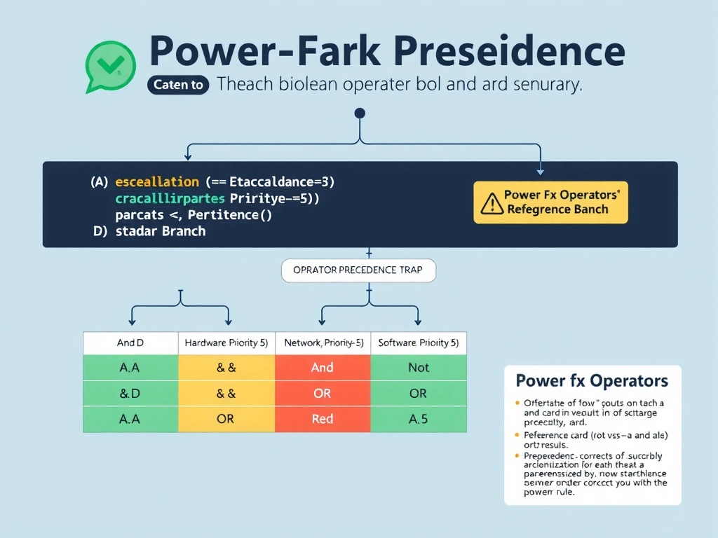 Portrait infographic (1536x2048) teaching Power Fx boolean operator precedence. Top section shows the routing scenario: a conversation fork icon with two paths labeled 'Escalation Branch' and 'Standard Branch'. Middle section has a large code display area (dark code editor background) showing four formula options labeled A through D, with A highlighted in green and D highlighted in red with an 'OPERATOR PRECEDENCE TRAP' warning badge. Below the code, a truth table shows how options A and D behave differently for 4 combinations: (Hardware, Priority=3), (Hardware, Priority=5), (Network, Priority=5), (Software, Priority=5). Cells are colored green (routes correctly) or red (routes incorrectly). Bottom section shows a 'Power Fx Operators' reference card listing And vs &&, Or vs ||, precedence order (Not > And > Or), and the parenthesization rule. Color theme: VS Code dark theme for code blocks, green for correct results, red for incorrect, amber for warnings, white text labels.