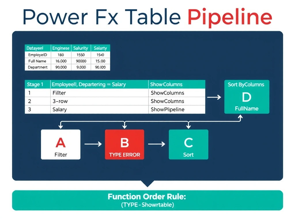 Portrait infographic (1536x2048) illustrating the Power Fx table pipeline for data transformation. Top section: a Dataverse table with four columns (EmployeeID, FullName, Department, Salary) showing 8 rows of sample data including mixed departments and salaries. Center section: a three-stage pipeline diagram. Stage 1 (Filter): the table narrows to 3 rows where Department=Engineering and Salary>90000, highlighted rows shown. Stage 2 (ShowColumns): the 3-row table loses the EmployeeID and Department columns, leaving only FullName and Salary — shown as columns fading out. Stage 3 (SortByColumns): the 2-column, 3-row table is reordered alphabetically by FullName, with row reordering illustrated by arrows. Bottom section: four code blocks (A, B, C, D) shown in a code editor style, with D highlighted in green and A shown in red with 'TYPE ERROR' badge. A 'Function Order Rule' box at the bottom reads: Filter → ShowColumns → Sort. Color theme: dark navy, teal for table headers, green for correct pipeline, red for errors, white code font.