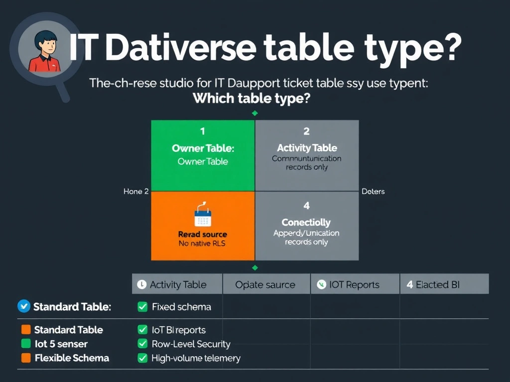 Portrait infographic (1536x2048) comparing Dataverse table types for an IT support ticket use case. Top section: a Copilot Studio agent icon connected to a Dataverse logo with the question 'Which table type?' Center: a 4-quadrant grid comparing table types. Quadrant 1 (Standard Table, highlighted in green): icons for Create/Update/Delete checkmarks, Shield icon for 'Owner RLS built-in', Power BI connection icon. Quadrant 2 (Virtual Table, amber): OData source icon, 'Read-mostly' label, 'No native RLS' warning badge. Quadrant 3 (Activity Table, gray): email/phone/calendar icons, 'Fixed schema' label, 'Communication records only' note. Quadrant 4 (Elastic Table, gray): IoT sensor icon, 'Append-only optimized', 'High-volume telemetry' note. Bottom section: a 5-row requirements checklist (Create Tickets, Update Status, Power BI Reports, Row-Level Security, Flexible Schema) with Standard Table showing all green checkmarks and the others showing mixed results. Color theme: dark background, green for Standard Table, gray for others, white labels.