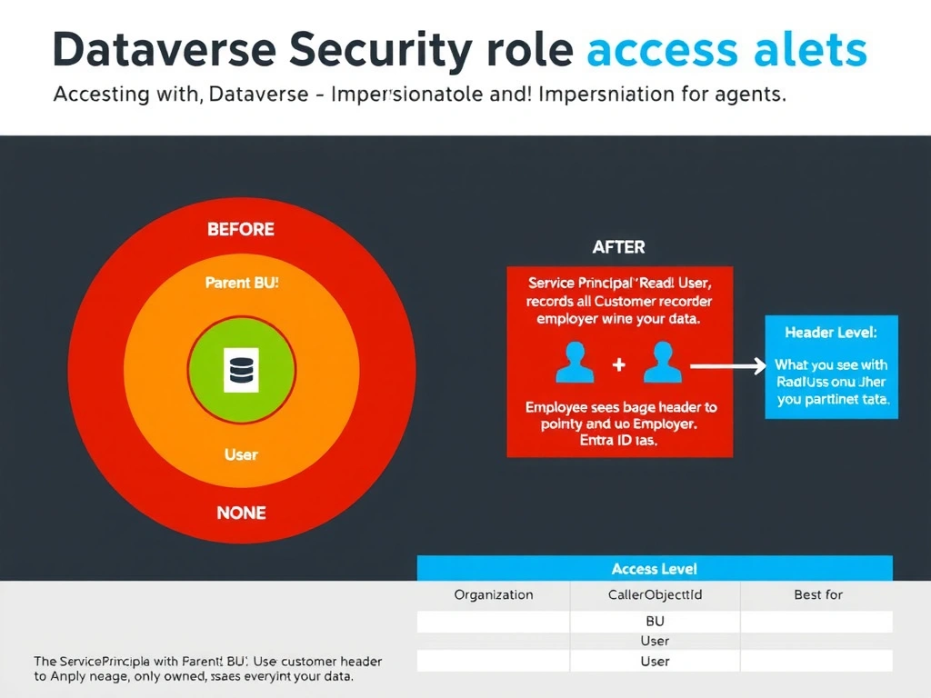 Portrait infographic (1536x2048) explaining Dataverse security role access levels and impersonation for agents. Top section: five concentric circles labeled from outer to inner — Organization, Parent BU, Business Unit, User, None — with a color gradient from red (Organization = widest access) to green (User = narrowest). A database record icon sits in the center. Center section: a side-by-side comparison. Left panel (BEFORE, red border): Service Principal with 'Read: Organization' badge queries Dataverse, all Customer records returned, employee sees everyone's data. Right panel (AFTER, green border): Service Principal with 'Read: User' badge + CallerObjectId header pointing to Employee Entra ID, only owned Customer records returned. A header packet icon shows CallerObjectId field highlighted. Bottom section: a 3-column table showing Access Level / What you see / Best for, with Organization, BU, and User rows filled in. Color theme: dark charcoal background, red gradient to green for access levels, blue for the agent/service principal icons, white labels.