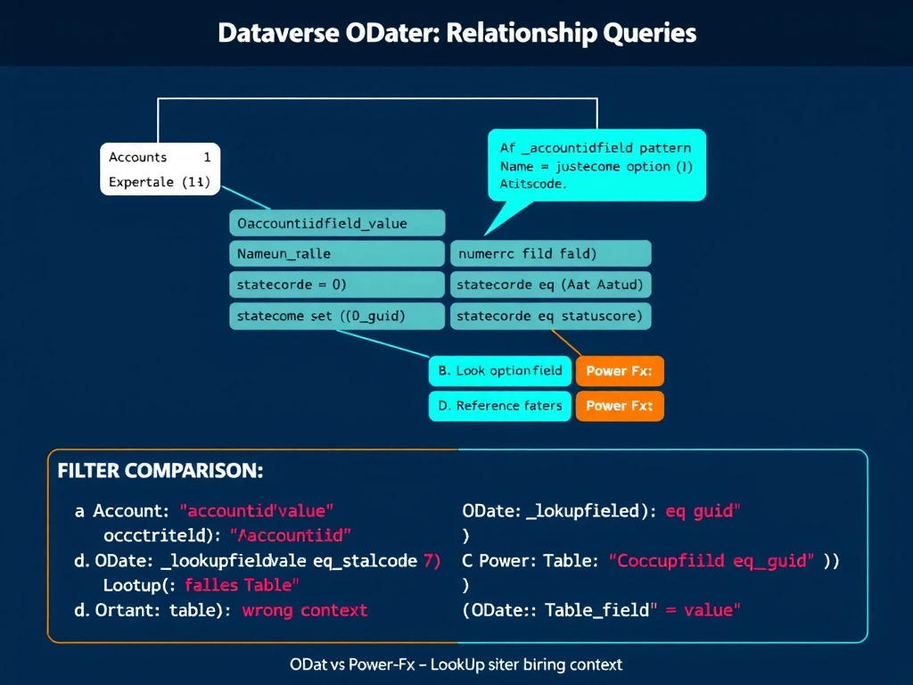 Portrait infographic (1536x2048) illustrating Dataverse OData filter syntax for relationship queries. Top section: an entity-relationship diagram showing Accounts table (1) connected to Opportunities table (many) with a lookup arrow. The Opportunities table schema is shown with columns: OpportunityId, Name, accountidvalue (highlighted in teal), statecode, statuscode. Center section: a code comparison panel with four filter expressions (A through D) in code blocks. Expression A is highlighted green with annotations: 'accountidvalue' labeled 'OData lookup field pattern' and 'statecode eq 0' labeled 'numeric option set (0=Active)'. Expressions B, C, D are shown in amber/red with error badges: B labeled 'Text option set — fails', C labeled 'Power Fx syntax — wrong context', D labeled 'Power Fx syntax — wrong context'. Bottom section: a reference card showing OData vs Power Fx syntax side by side — 'OData: lookupfieldvalue eq guid' vs 'Power Fx: LookUp(Table, field = value)'. Color theme: dark navy, teal for correct syntax elements, red for errors, white code font on dark code background.