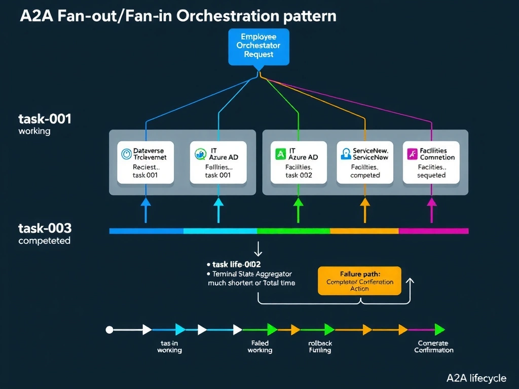 Portrait infographic (1536x2048) illustrating the A2A fan-out/fan-in orchestration pattern. Top section: an Orchestrator Agent box receives an 'Employee Onboarding Request' message with a unique requestId. Center section: three parallel arrows fan out from the Orchestrator to three sub-agent boxes: HR Data Agent (Dataverse icon), IT Provisioning Agent (Azure AD icon), Facilities Agent (ServiceNow icon). Each arrow is labeled with a unique task ID (task-001, task-002, task-003). Each sub-agent box shows an SSE stream flowing back with status updates: 'working... → completed'. A timeline bar below shows all three running simultaneously (much shorter total time vs. sequential). Fan-in arrows converge back at a 'Terminal State Aggregator' box that checks: task-001 ✓, task-002 ✓, task-003 ✓ → 'Generate Confirmation'. A second 'failure path' shows task-002 failing with 'failed' state, triggering a 'Compensating Action' (rollback HR record). Bottom section: A2A task lifecycle diagram: submitted → working → completed/failed/cancelled. Color theme: dark background, blue for orchestrator, teal/green/purple for three sub-agents, orange for failure path, white labels.