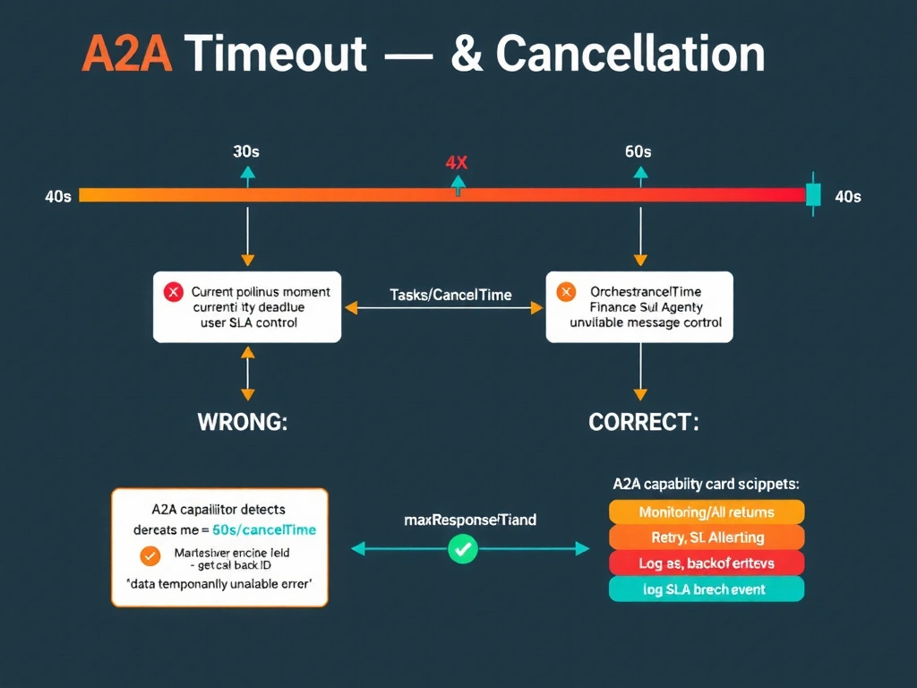 Portrait infographic (1536x2048) showing A2A task timeout and cancellation flow. Top section: a timeline bar showing 0s → 30s (maxResponseTime in capability card) → 45s (current polling moment, highlighted amber) → 60s (user SLA deadline, shown in red). Center section: a two-path flowchart. Left path (WRONG, red X): Orchestrator continues polling → 60s SLA breached → user gets timeout error — no control. Right path (CORRECT, green checkmark): Orchestrator detects 45s > maxResponseTime → calls tasks/cancel endpoint (shown as an API call box with task ID) → Finance Sub-Agent receives cancellation → Orchestrator returns graceful 'data temporarily unavailable' message to user → Monitoring/Alerting system logs SLA breach event. Bottom section: A2A capability card snippet showing maxResponseTime field highlighted, and a retry pattern diagram showing exponential backoff intervals (1s, 2s, 4s, 8s). Color theme: dark slate background, amber for warning thresholds, red for SLA breach, green for correct path, teal for A2A protocol elements.