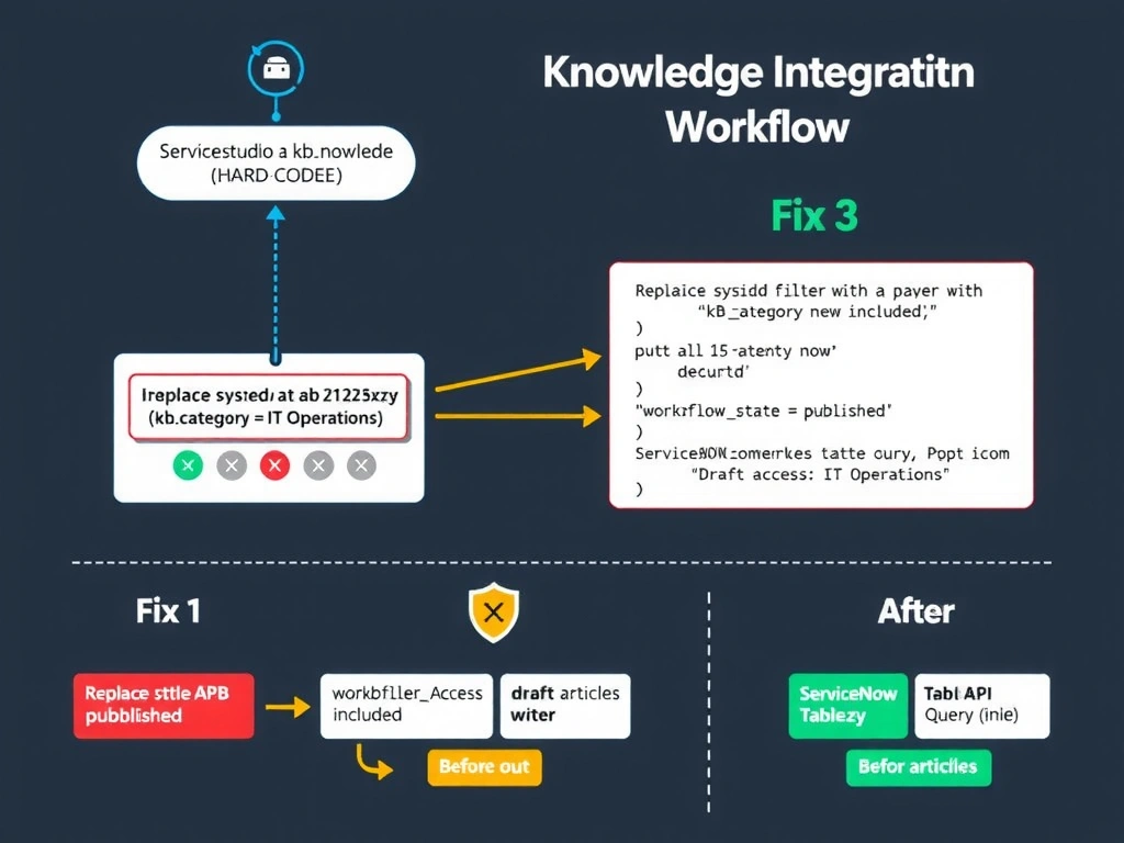 Portrait infographic (1536x2048) showing a ServiceNow knowledge source integration debugging workflow. Top section: a Copilot Studio agent connected to a custom connector, which connects to ServiceNow's kbknowledge table. A query box shows the hard-coded sysid filter in red: 'sysid = abc123xyz (HARD-CODED)' with a red X badge. Five recently published articles in the 'IT Operations' category are shown outside the filter's reach with dimmed icons. Center section: a three-part fix diagram. Fix 1 (blue): Replace sysid filter with 'kbcategory = IT Operations' — arrows show all 15 articles now included. Fix 2 (amber): Add 'workflowstate = published' filter — draft articles filtered out with gray X. Fix 3 (green): ServiceNow Knowledge Base Access Control check — service account icon with a permissions shield showing 'Read access: IT Operations ✓'. Bottom section: ServiceNow Table API query before/after comparison in code blocks, red for before, green for after. Color theme: dark slate background, red for problem elements, green for fixed, amber for filter additions, white labels.