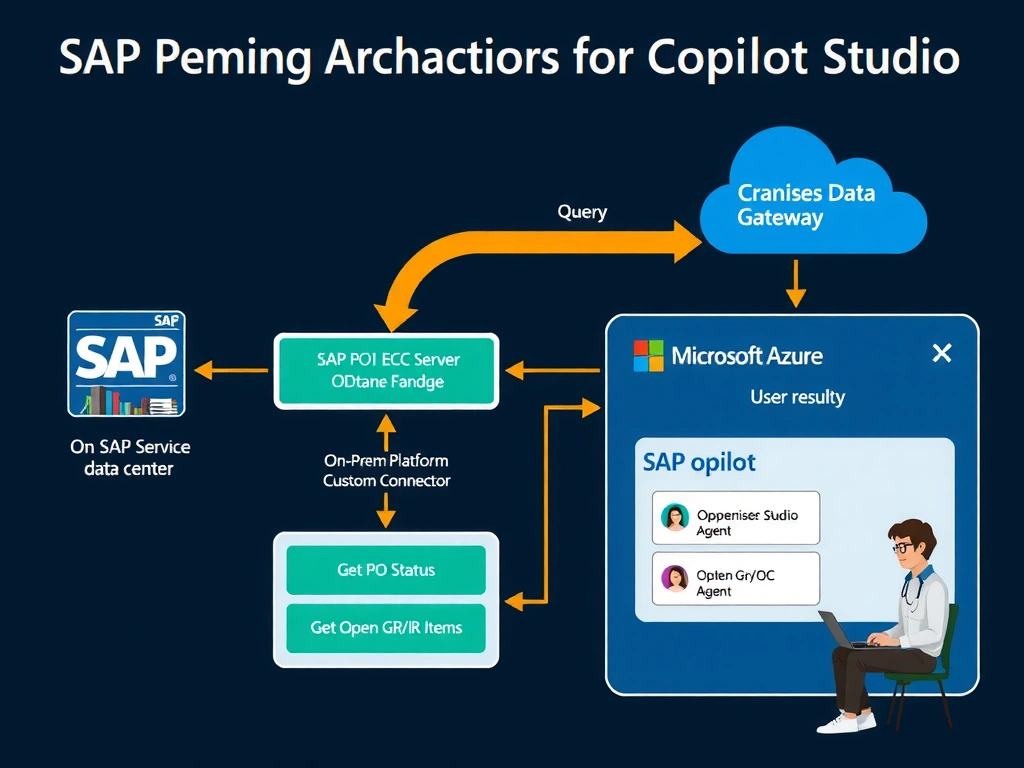 Portrait infographic (1536x2048) showing the SAP integration architecture for Copilot Studio. Left side: on-premises data center with SAP ECC system icon, SAP Application Server, and SAP Gateway layer (labeled 'OData Services Facade') exposing OData endpoint URLs. A secure tunnel arrow crosses a firewall icon, pointing to an On-Premises Data Gateway box (cloud-to-on-premises bridge). Right side: Microsoft Azure cloud boundary with Power Platform Custom Connector (OpenAPI definition shown as a JSON snippet), connected to Copilot Studio Agent with three agent action cards: 'Get PO Status', 'Lookup Vendor', 'Get Open GR/IR Items'. A user (Purchasing Manager) at a laptop chats with the agent. Flow arrows show: User query → Agent → Custom Connector → On-Prem Gateway → SAP Gateway OData → SAP ECC → data returns up the same path → Agent formats response → User sees result. Color theme: dark navy, SAP green for SAP components, Microsoft blue for Azure/Copilot components, gold for data flow arrows, white labels.