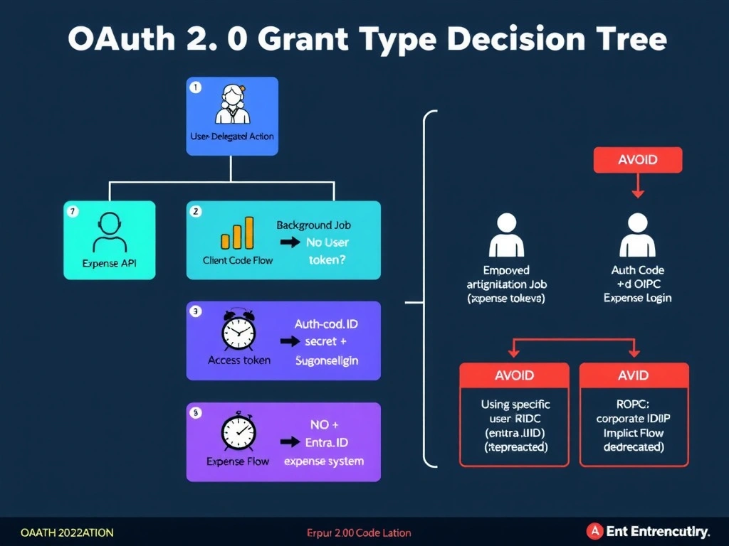 Portrait infographic (1536x2048) explaining OAuth 2.0 grant type selection for three scenarios. Top section: title 'OAuth 2.0 Grant Type Decision Tree'. Center section: three scenario cards arranged vertically. Card 1 (blue): 'User-Delegated Action' — employee icon → agent icon → expense API, labeled 'Authorization Code Flow'. Shows authorization code → token exchange sequence. Card 2 (purple): 'Background Job, No User' — clock/cron icon → agent icon → expense API, labeled 'Client Credentials Flow'. Shows clientid + secret → access token sequence. Card 3 (teal): 'Federated Corporate Login' — employee icon → Entra ID shield → expense system, labeled 'Auth Code + OIDC (Entra as IdP)'. A decision tree on the right side: 'Is a specific user involved?' → YES → 'Auth Code Flow'; NO → 'Client Credentials'. 'Using corporate IdP?' → YES → 'Add OIDC federation'. Bottom section: a red-bordered 'Avoid' box showing ROPC (credentials exposed) and Implicit Flow (deprecated) with warning icons. Color theme: dark navy background, blue/purple/teal for the three scenarios, red for deprecated flows, white labels.