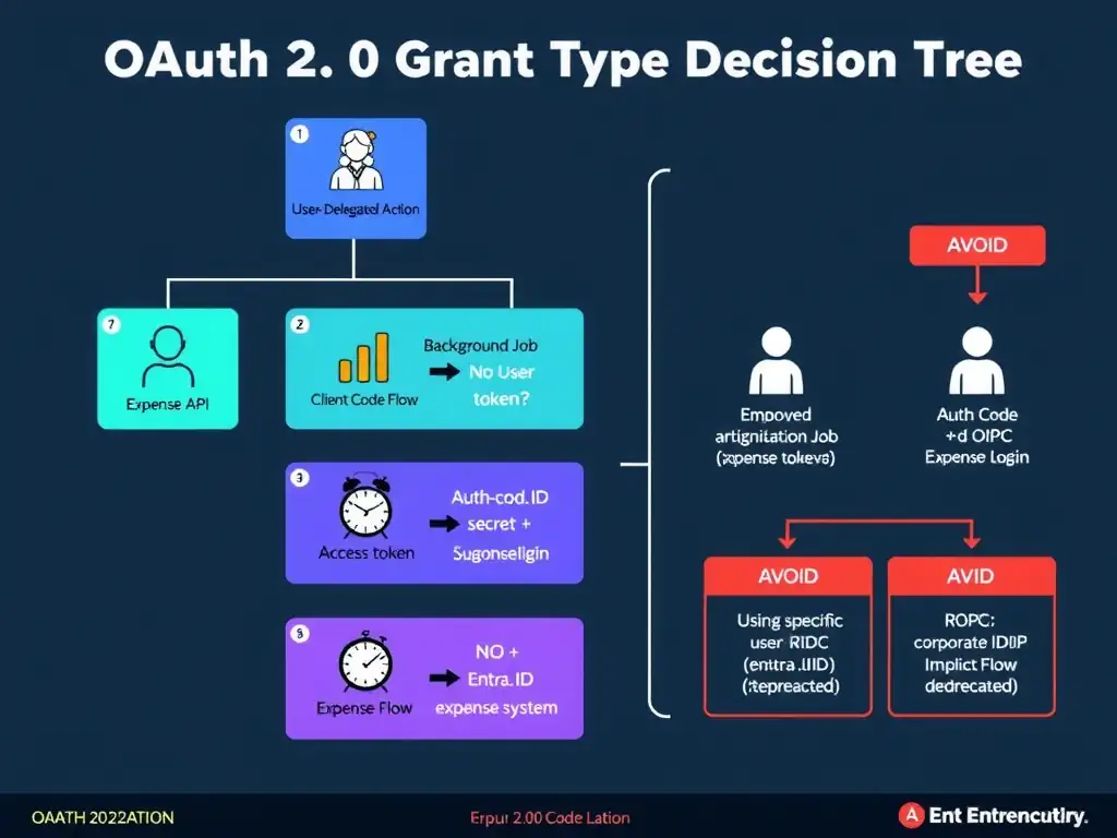 Portrait infographic (1536x2048) explaining OAuth 2.0 grant type selection for three scenarios. Top section: title 'OAuth 2.0 Grant Type Decision Tree'. Center section: three scenario cards arranged vertically. Card 1 (blue): 'User-Delegated Action' — employee icon → agent icon → expense API, labeled 'Authorization Code Flow'. Shows authorization code → token exchange sequence. Card 2 (purple): 'Background Job, No User' — clock/cron icon → agent icon → expense API, labeled 'Client Credentials Flow'. Shows clientid + secret → access token sequence. Card 3 (teal): 'Federated Corporate Login' — employee icon → Entra ID shield → expense system, labeled 'Auth Code + OIDC (Entra as IdP)'. A decision tree on the right side: 'Is a specific user involved?' → YES → 'Auth Code Flow'; NO → 'Client Credentials'. 'Using corporate IdP?' → YES → 'Add OIDC federation'. Bottom section: a red-bordered 'Avoid' box showing ROPC (credentials exposed) and Implicit Flow (deprecated) with warning icons. Color theme: dark navy background, blue/purple/teal for the three scenarios, red for deprecated flows, white labels.