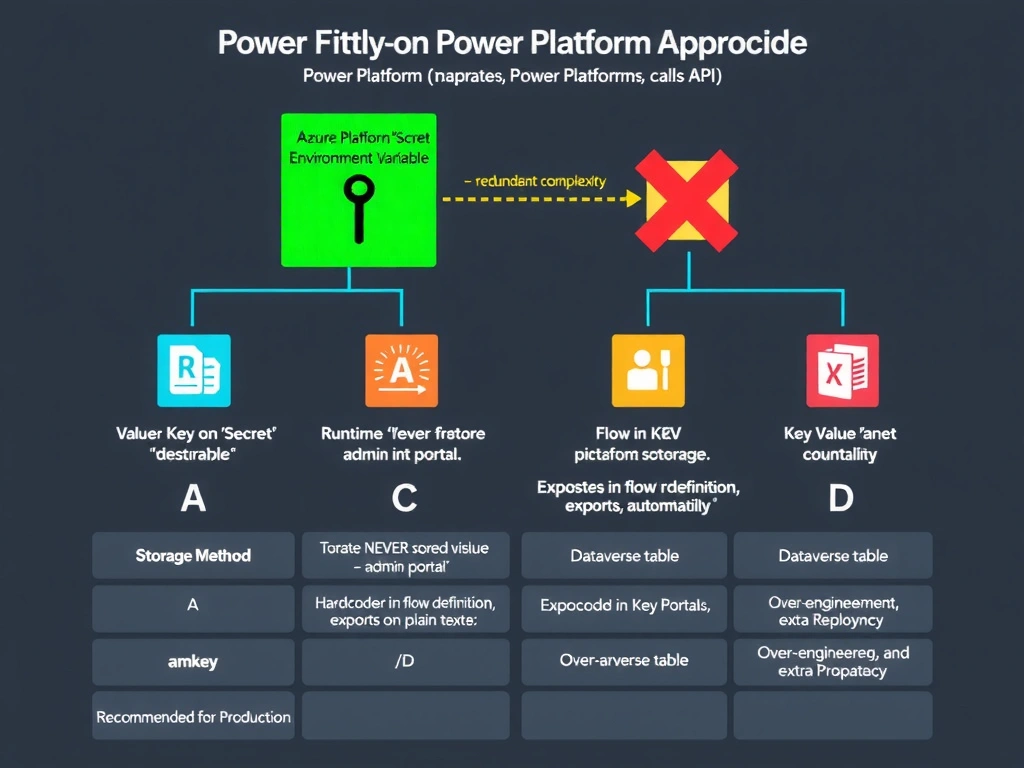 Portrait infographic (1536x2048) comparing API key storage approaches in Power Platform. Top section: four storage method icons labeled A through D. B (highlighted green, center focus): Power Platform 'Secret' Environment Variable → Azure Key Vault (vault icon with key) → at runtime, managed identity retrieves key → Power Automate flow calls API. A dashed line shows 'Value NEVER stored in Power Platform admin portal'. The Key Vault has a rotation arrow showing 'Rotate key in KV → flow picks up new value automatically'. A (amber): two separate Key Vaults shown with sync arrows — 'redundant complexity'. C (red X): flow action box with hardcoded API key value visible in plain text — 'Exposed in flow definition, exports, storage'. D (amber): Dataverse table with encryption icon, then custom query code block — 'Over-engineered, extra latency'. Bottom section: a comparison table — Storage Method / Value in Admin Portal / Supports Key Rotation Without Redeployment / Recommended for Production. Color theme: dark charcoal, green for B, amber for A/D, red for C, teal for Azure Key Vault icon.