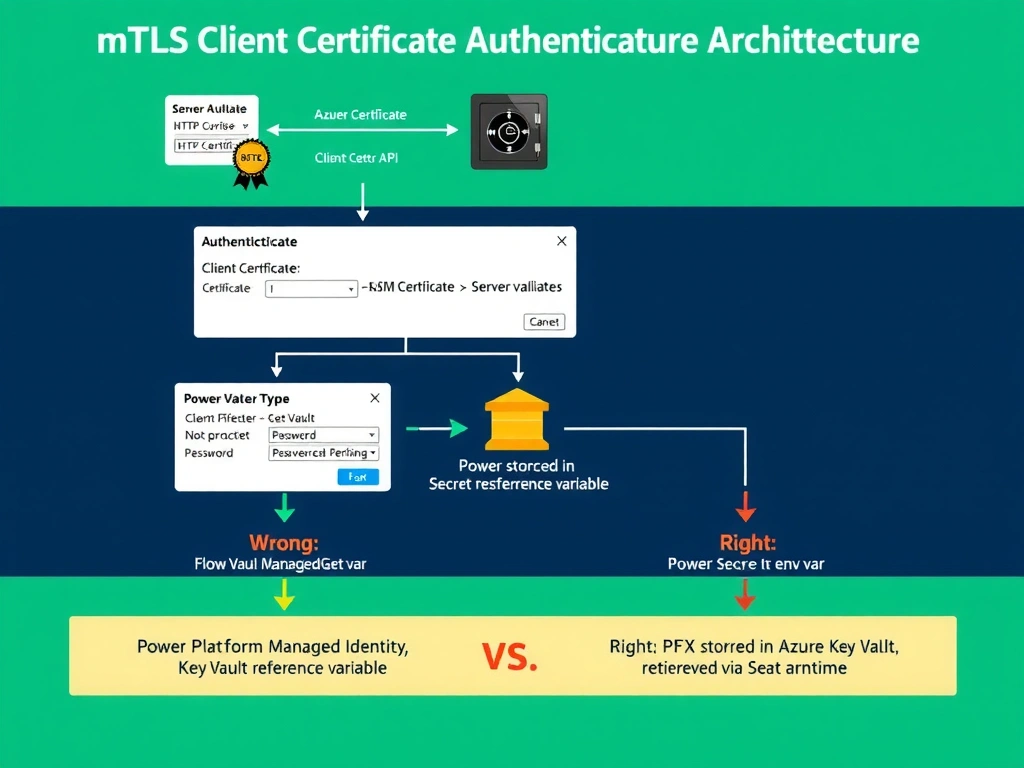 Portrait infographic (1536x2048) showing mTLS client certificate authentication architecture for Power Automate. Top section: diagram showing the mTLS handshake sequence between Power Automate HTTP Action (client) and Trading API (server). Two-way certificate exchange arrows labeled: 'Server Certificate → Client validates' and 'Client Certificate → Server validates'. Center section: secure storage pipeline. Azure Key Vault (vault icon) contains a 'ClientCert.pfx' secret (HSM-protected badge). Power Platform Secret Environment Variable references the Key Vault secret (reference arrow, not value copy). Power Automate flow HTTP action configuration panel shown with: Authentication Type = 'Client Certificate', Certificate = [Key Vault reference variable], Password = [Key Vault reference variable]. A managed identity icon shows the permission flow: Power Platform Managed Identity → Key Vault Get Secret permission → retrieves PFX at runtime. Bottom section: a comparison strip — 'Wrong: PFX stored in Dataverse (plain Secret env var without KV backing)' vs 'Right: PFX stored in Azure Key Vault, referenced via Secret env var'. Color theme: dark financial green and navy, gold vault icon, teal for secure path arrows, red for wrong approach.