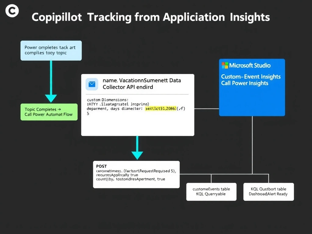 Portrait infographic (1536x2048) illustrating custom event tracking from Copilot Studio to Application Insights. Top section: a Copilot Studio agent conversation flow showing a multi-step vacation request topic. The final step is a confirmation message. Below the confirmation, a trigger arrow labeled 'Topic Completes → Call Power Automate Flow'. Center section: a Power Automate flow diagram showing an HTTP action posting to the Application Insights Data Collector API endpoint. A JSON payload example is shown in a code block: {name: 'VacationRequestSubmitted', iKey: '[InstrKey]', data: {customDimensions: {department: 'Engineering', daysRequested: 5, requiresApproval: true}}}. A POST arrow points to the Application Insights icon. Right side: Application Insights portal mock showing the customEvents table with the event entry, and a KQL query: 'customEvents | where name == VacationRequestSubmitted | summarize count() by tostring(customDimensions.department)'. Bottom section: three boxes labeled 'customEvents table', 'KQL Queryable', 'Dashboard/Alert Ready'. Color theme: dark background, Microsoft blue for Application Insights, teal for the API endpoint, green for the successful event, white code font.