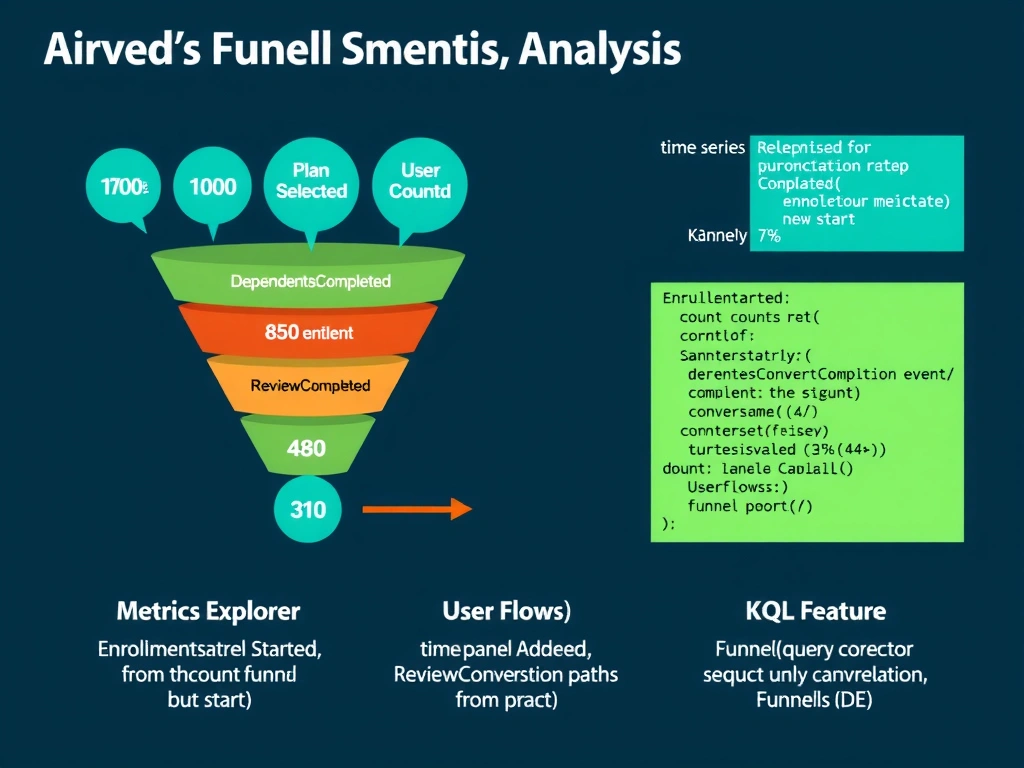 Portrait infographic (1536x2048) illustrating funnel analysis for a five-step enrollment process. Top section: five event bubbles in sequence labeled EnrollmentStarted → PlanSelected → DependentsAdded → ReviewCompleted → EnrollmentSubmitted. User count decreases shown above each bubble: 1000 → 820 → 650 → 480 → 310. Center section: a funnel visualization with five progressively narrowing horizontal bars, each labeled with the event name and showing: count (left), conversion rate from previous step (center, in orange), and cumulative conversion from start (right). The DependentsAdded → ReviewCompleted transition is highlighted in red as the largest drop-off (26% drop). A KQL code block is shown on the right with the dcount() query pattern highlighted. Bottom section: three panel comparison — Metrics Explorer (time series, shows counts but not funnel), User Flows (Sankey for navigation paths), Funnels Feature (correct for sequential conversion analysis, highlighted green). Color theme: dark slate, teal for funnel bars, red for the largest drop-off step, white labels, code block in dark IDE style.