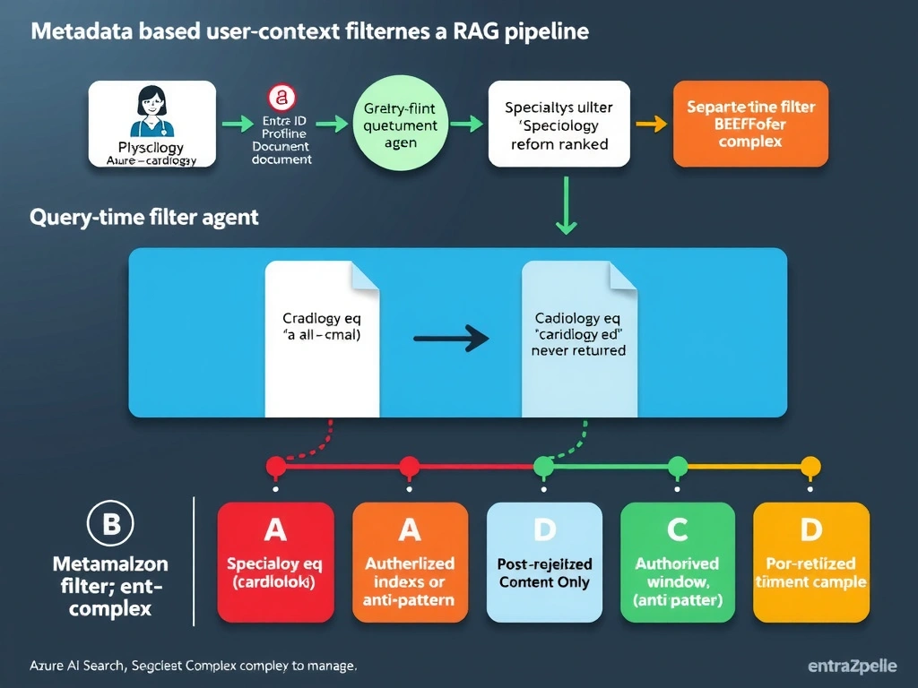 Portrait infographic (1536x2048) illustrating metadata-based user-context filtering in a RAG pipeline. Top section: index architecture diagram showing a single Azure AI Search index with document chunks, each chunk showing a 'specialty' metadata field (cardiology, oncology, all). An indexer pipeline shows SharePoint documents flowing in with specialty tags being added during enrichment. Center section: query-time filter flow. Entra ID profile shows a physician user with specialty=cardiology. Arrow flows to Copilot Studio agent which passes: (1) semantic query vector, (2) $filter expression: specialty eq 'cardiology' or specialty eq 'all'. Azure AI Search applies filter BEFORE ranking — only cardiology and 'all' chunks are ranked and returned. The oncology chunks are shown as grayed out, never leaving the index. The filtered results flow to the LLM context window with a green 'Authorized Content Only' badge. Bottom section: comparison of four approaches — B (metadata filter, green, recommended), A (separate indexes, amber, complex), C (post-retrieval filter, red, anti-pattern), D (permission trimming, amber, complex to manage). Color theme: dark navy, medical blue for healthcare context, green for authorized path, red for rejected chunks, white labels.