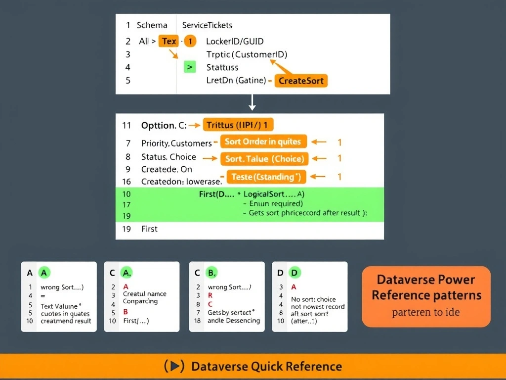 Portrait infographic (1536x2048) teaching Dataverse-specific Power Fx patterns. Top section: Dataverse table schema card showing ServiceTickets with column types annotated: TicketID (GUID), CustomerID (Lookup → Customers), Priority (Choice), Status (Choice), CreatedOn (DateTime). Center section: the correct formula (Option C) displayed in a code editor with color-coded annotations. Each critical element highlighted: 'CustomerID.Id' labeled 'Lookup column → .Id property'; 'GUID(Topic.CustomerID)' labeled 'Text → GUID conversion required'; 'Status.Value = 1' labeled 'Choice → .Value for numeric comparison'; 'SortByColumns...createdon' labeled 'Logical name in quotes, lowercase'; 'SortOrder.Descending' labeled 'Enum required (not bare Descending)'; 'First(...)' labeled 'Gets newest record after sort'. Below: four formula comparison cards labeled A/B/C/D with C highlighted green and the others showing specific error annotations (A: wrong Sort syntax, B: no sort → arbitrary result, D: operator precedence bug). Bottom section: a Dataverse Power Fx Quick Reference card with lookup/choice/GUID/sort patterns. Color theme: dark IDE background for code, teal for Dataverse, orange for annotations, green for correct elements, red for errors.
