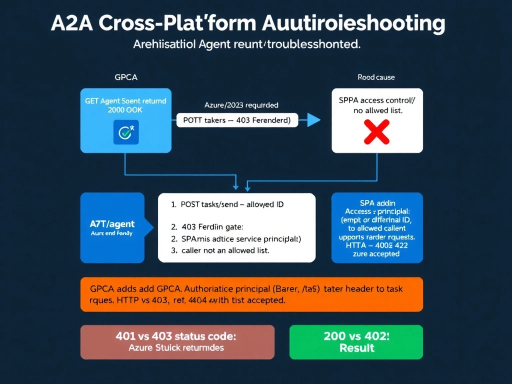 Portrait infographic (1536x2048) illustrating A2A cross-platform agent authorization troubleshooting. Top section: architecture diagram showing GPCA (Copilot Studio logo) on the left and SPA (Azure AI Foundry logo) on the right, connected by an HTTP arrow. Two request flows shown: (1) GET /agent → AgentCard returned successfully (green checkmark, 200 OK), labeled 'Public endpoint — no auth required'. (2) POST /tasks/send → 403 Forbidden response (red X), labeled 'Authorization gate — caller not in allowed list'. Center section: root cause diagram. SPA's access control configuration shown as a list (allowed callers: [empty or different IDs]). GPCA's service principal ID is shown outside the list with a red X. Resolution steps: SPA Admin adds GPCA service principal to allowed callers (green checkmark appears in list). GPCA adds Authorization: Bearer [token] header to task requests (HTTP header shown). Result: 200 OK returned with task accepted. Bottom section: HTTP status code quick reference: 401 vs 403 vs 404 vs 422 with brief descriptions. Color theme: dark background, blue for GPCA, orange for SPA/Azure AI Foundry, red for 403 error state, green for resolved state, white labels.