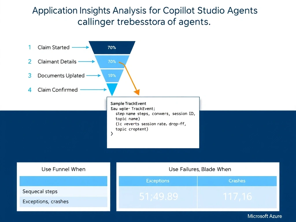 Portrait infographic (1536x2048) titled 'Application Insights Funnel Analysis for Copilot Studio Agents'. Top section: a vertical funnel graphic with 5 labeled stages (Claim Started → Claimant Info → Damage Details → Documents Uploaded → Claim Confirmed) with percentage values and colored drop-off arrows between each stage (dark blue to light blue gradient). Middle section: a code snippet box showing a sample TrackEvent call in JSON format with properties: step name, session ID, topic name. Bottom section: a comparison table with two columns — 'Use Funnel When' (sequential steps, conversion rates, drop-off) vs 'Use Failures Blade When' (exceptions, errors, crashes). Color theme: deep navy blue, sky blue, white, with orange accent for drop-off arrows. Microsoft Azure design aesthetic.
