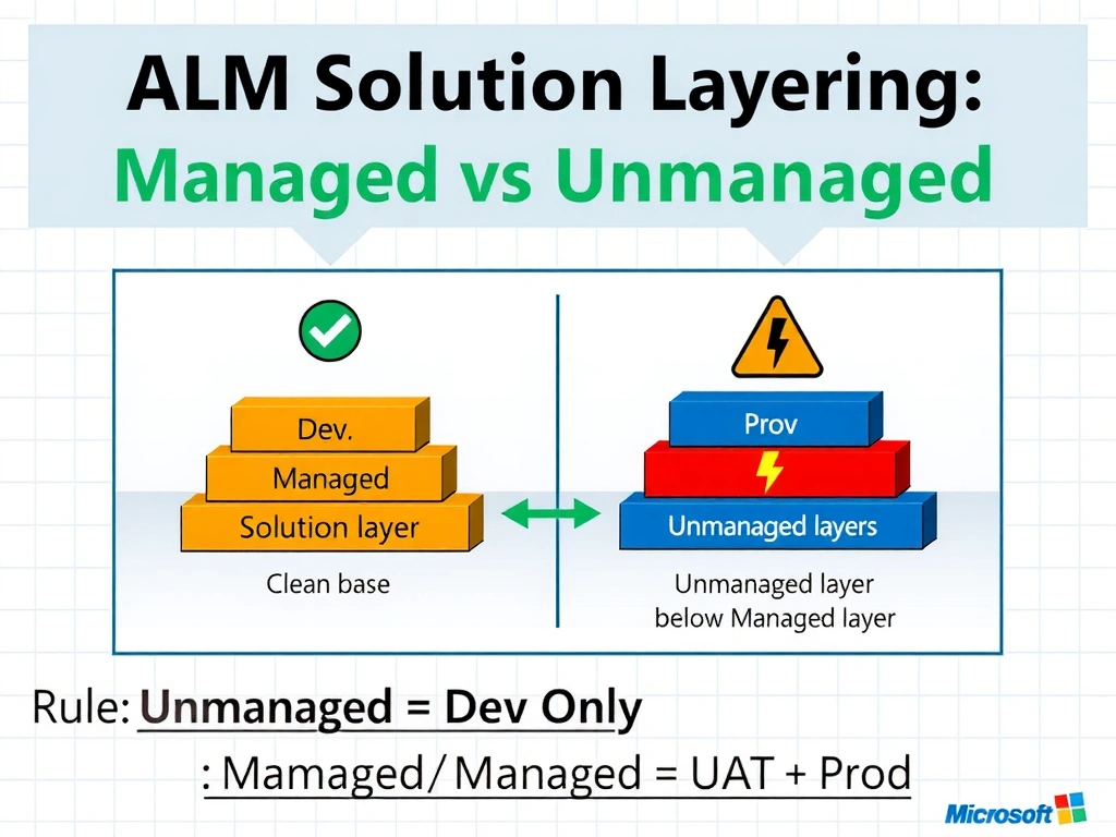 Portrait infographic (1536x2048) titled 'ALM Solution Layering: Managed vs Unmanaged'. Top section: three environment pipeline diagram (Dev → UAT → Prod) with green arrows showing the correct managed solution flow. Middle section: a stacked layer diagram showing two scenarios side by side — left (correct): Managed Solution layer on clean base with checkmark; right (incorrect): Unmanaged layer below Managed layer causing conflict warning icon. The unmanaged layer is shown in red/orange, the managed layer in blue, with a conflict lightning bolt between them. Bottom section: rule box 'Unmanaged = Dev Only | Managed = UAT + Prod' in bold. Color theme: Microsoft blue, red for incorrect path, green for correct path, white background with subtle grid.