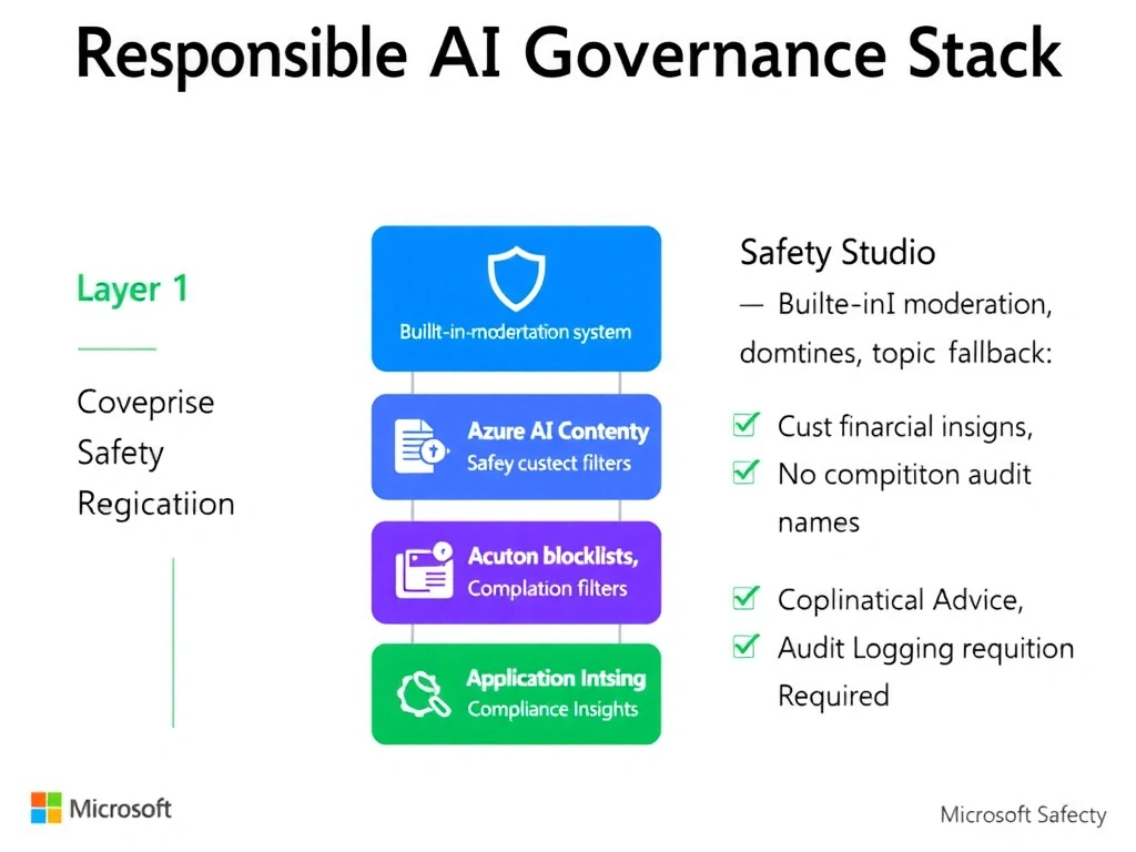 Portrait infographic (1536x2048) titled 'Responsible AI Governance Stack for Copilot Studio'. Three-layer architecture diagram centered vertically: Layer 1 (top, blue) 'Copilot Studio Safety System — Built-in moderation, topic fallback'; Layer 2 (middle, purple) 'Azure AI Content Safety — Custom blocklists, severity policies, category filters'; Layer 3 (bottom, green) 'Application Insights — Custom event logging, compliance audit trail'. Each layer has icons: shield for safety system, filter funnel for content safety, magnifying glass and log icon for Application Insights. Right side panel: three compliance requirement checkboxes with green checkmarks (No Financial Advice, No Competitor Names, Audit Logging Required). Color theme: Microsoft purple, blue, green gradient, white background, clean enterprise style.