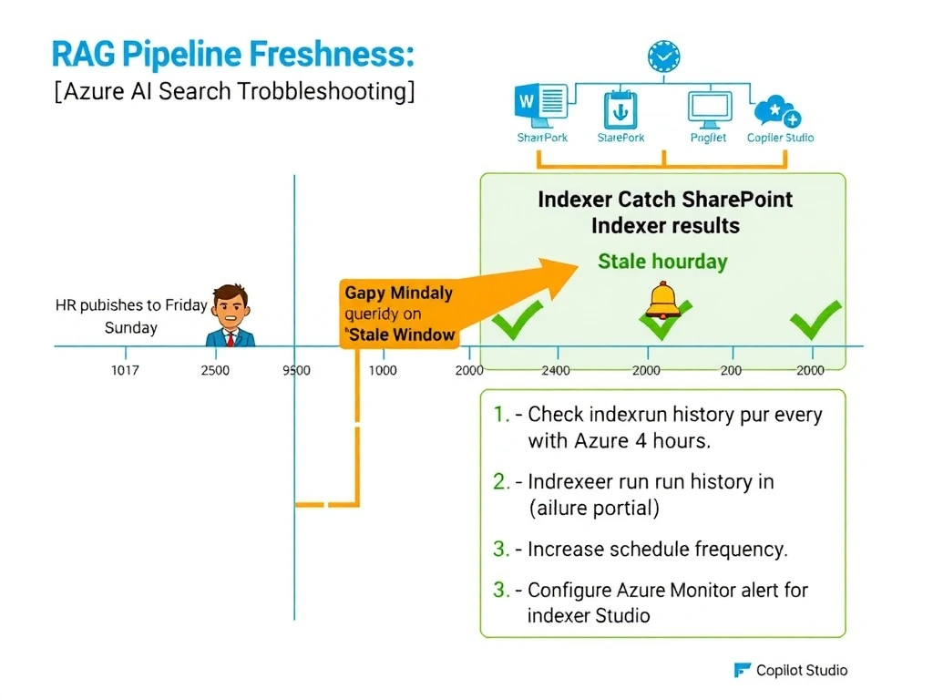 Portrait infographic (1536x2048) titled 'RAG Pipeline Freshness: Azure AI Search Indexer Troubleshooting'. Left column: timeline diagram showing HR publishes to SharePoint on Friday, indexer runs on Sunday (gap highlighted in red as 'Stale Window'), users query Monday with stale results (angry user icon). Right column: corrected timeline showing indexer runs every 4 hours (green checkmarks), indexer failure alert icon with bell notification. Bottom section: three-step checklist box titled 'Indexer Health Checklist': 1. Check indexer run history in Azure portal, 2. Increase schedule frequency, 3. Configure Azure Monitor alert for indexer failures. Small architecture diagram at top showing SharePoint → Indexer → Azure AI Search Index → Copilot Studio. Color theme: steel blue and orange for timeline gaps, green for corrected state, white background.