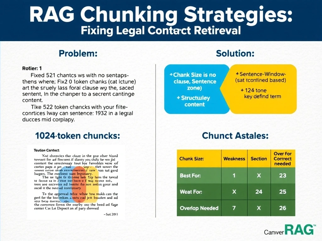 Portrait infographic (1536x2048) titled 'RAG Chunking Strategies: Fixing Legal Contract Retrieval'. Top third: side-by-side comparison of two chunking approaches — left (Problem): fixed 512-token chunks with no overlap, red X marking where a clause is cut mid-sentence; right (Solution): 1024-token chunks with 128-token overlap highlighted in yellow showing the shared boundary content. Middle third: diagram of a legal contract page with colored regions showing chunk 1 in blue, overlap zone in yellow, chunk 2 in purple — overlap zone contains the key defined term. Bottom third: three-row table comparing chunking strategies: Fixed-Size | Sentence-Window | Structural (section-based), with columns for Best For, Weakness, and Overlap Needed. Color theme: navy blue, gold yellow for overlap zones, dark green for correct answer highlight, white background with subtle contract-paper texture.