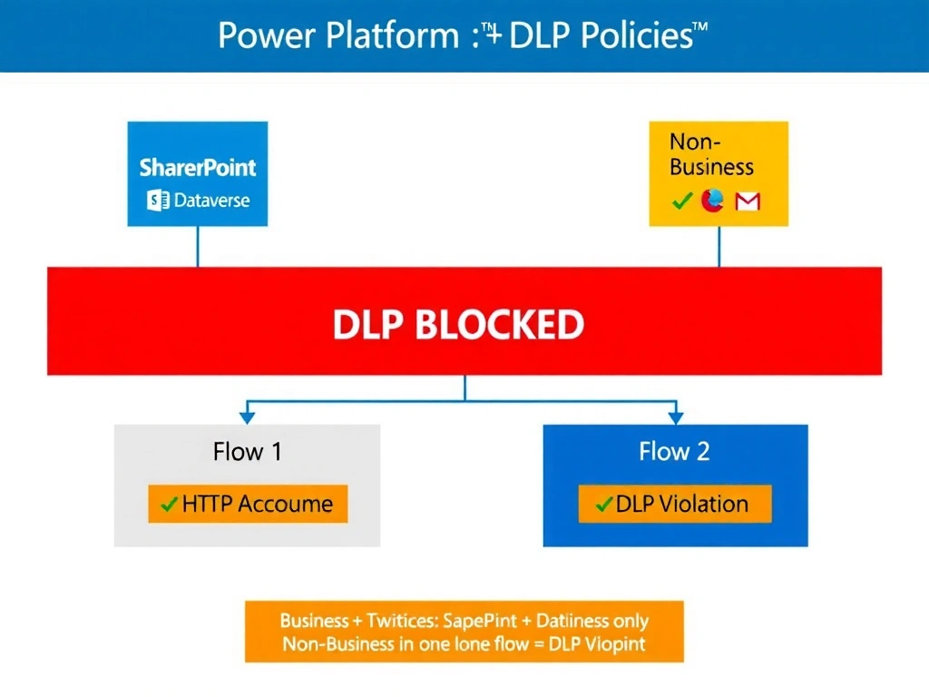Portrait infographic (1536x2048) titled 'Power Platform DLP Policies: Data Group Isolation Rule'. Top section: two-column data group diagram — 'Business Group' box (blue) containing SharePoint icon, Dataverse icon, Teams icon; 'Non-Business Group' box (yellow/orange) containing HTTP connector icon, Twitter icon, Gmail icon. Center: a large flow diagram showing a single Power Automate cloud flow that has both SharePoint (Business) and HTTP (Non-Business) connectors connected by flow arrows, with a red DLP BLOCKED banner across the middle. Below the blocked flow: two separate corrected flows side by side — Flow 1 (Business only: SharePoint → Dataverse), Flow 2 (Non-Business only: HTTP endpoint) — each with a green checkmark. Bottom: key rule box in bold: 'Business + Non-Business in one flow = DLP Violation'. Color theme: Microsoft blue for Business group, amber orange for Non-Business group, red for violations, green for compliant flows.