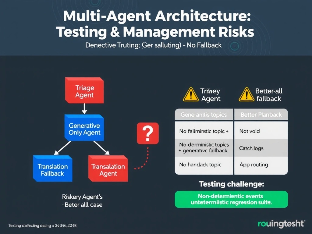 Portrait infographic (1536x2048) titled 'Multi-Agent Architecture: Testing & Management Risks'. Center: architecture diagram showing Triage Agent at top with three routing arrows going to Policy Agent, Transaction Agent, and Escalation Agent. The Triage Agent box is highlighted with a red warning icon labeled 'Generative-Only Routing — No Fallback'. A '?' question mark in red shows an unhandled routing case falling into a void. Right side: two-column comparison table — 'Risky Design' vs 'Better Design': Generative-only routing vs. Deterministic topics + generative fallback; No fallback topic vs. Catch-all fallback topic; No routing logs vs. Routing decision events in App Insights. Bottom: testing challenge callout box: 'Non-deterministic routing = untestable regression suite'. Color theme: dark slate background, red for risk elements, blue for agent boxes, green for recommended design elements, orange for warning icons.