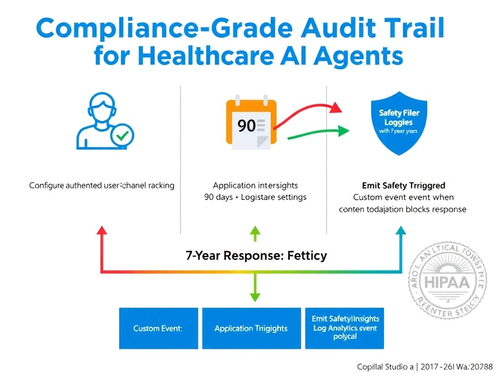 Portrait infographic (1536x2048) titled 'Compliance-Grade Audit Trail for Healthcare AI Agents'. Three-row checklist layout, each row representing one audit requirement: Row 1 (User Identity) — icon of person with Entra ID badge, 'Configure authenticated user tracking in channel settings' with green checkmark. Row 2 (7-Year Response Retention) — icon of server with calendar, 'Application Insights default: 90 days → Log Analytics Workspace with 7-year policy' showing an arrow from 90 days (red) to 7 years (green), plus 'Custom event: full response text as property' code snippet box. Row 3 (Safety Filter Logging) — icon of shield with log document, 'Emit SafetyFilterTriggered custom event when content moderation blocks response' with example event JSON snippet. Bottom: architecture diagram showing Copilot Studio → Application Insights → Log Analytics Workspace with retention policy label. Color theme: medical blue and white, red for gaps, green for solutions, HIPAA seal watermark in background.
