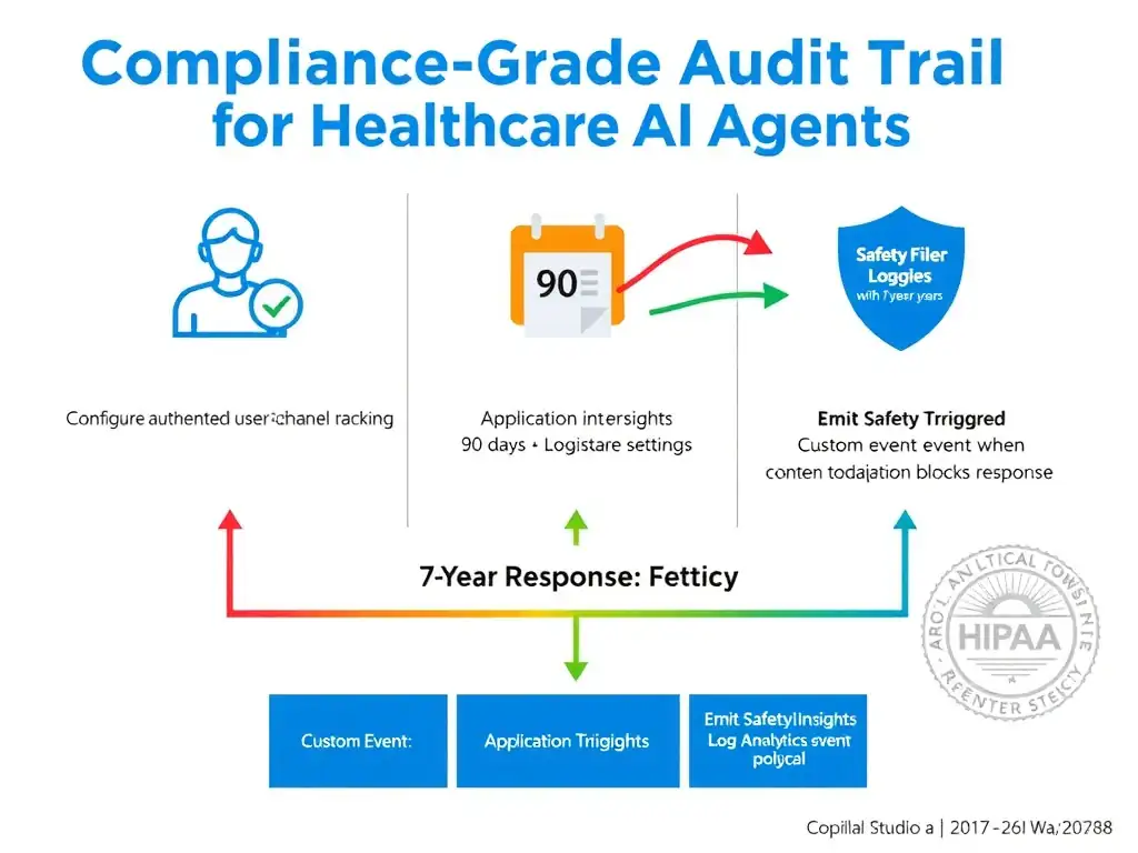 Portrait infographic (1536x2048) titled 'Compliance-Grade Audit Trail for Healthcare AI Agents'. Three-row checklist layout, each row representing one audit requirement: Row 1 (User Identity) — icon of person with Entra ID badge, 'Configure authenticated user tracking in channel settings' with green checkmark. Row 2 (7-Year Response Retention) — icon of server with calendar, 'Application Insights default: 90 days → Log Analytics Workspace with 7-year policy' showing an arrow from 90 days (red) to 7 years (green), plus 'Custom event: full response text as property' code snippet box. Row 3 (Safety Filter Logging) — icon of shield with log document, 'Emit SafetyFilterTriggered custom event when content moderation blocks response' with example event JSON snippet. Bottom: architecture diagram showing Copilot Studio → Application Insights → Log Analytics Workspace with retention policy label. Color theme: medical blue and white, red for gaps, green for solutions, HIPAA seal watermark in background.