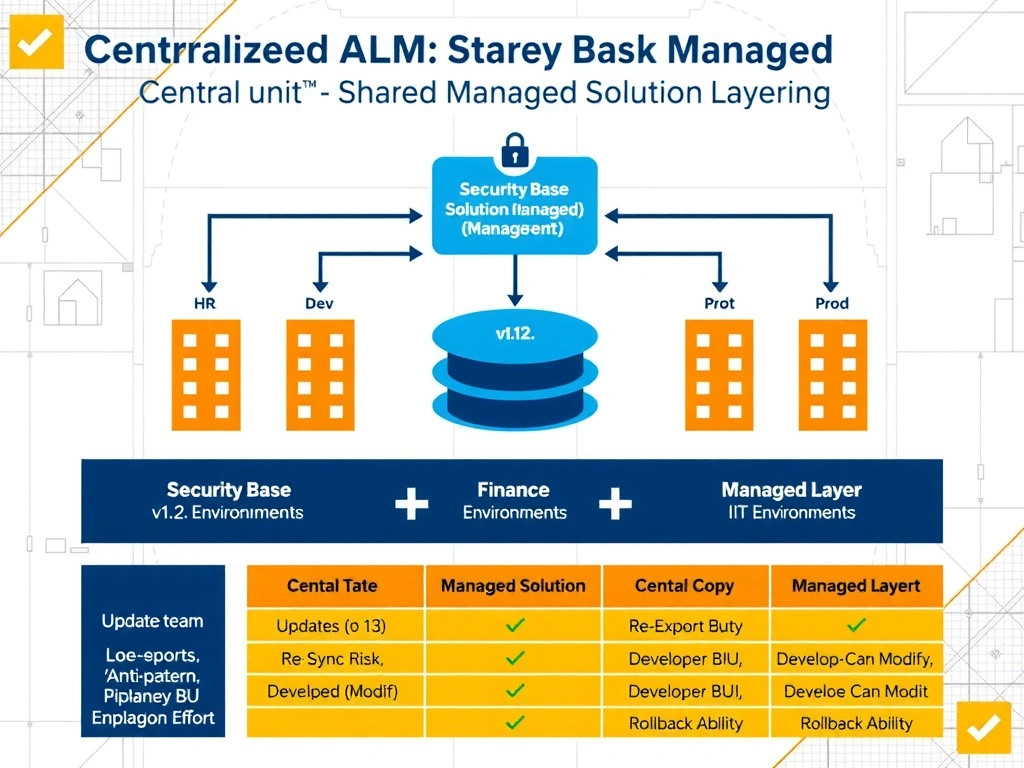 Portrait infographic (1536x2048) titled 'Centralized ALM: Shared Managed Solution Layering'. Top section: central hub diagram labeled 'Security Base Solution (Managed)' with a lock icon, versioned 'v1.2 — Legal Approved'. Three arms radiate from the hub to three business unit columns: HR Environments, Finance Environments, IT Environments. Each column shows two environment tiers (Dev, Prod) with the Security Base managed layer shown as a blue foundation slab beneath each business unit's orange agent solution layer (like foundation + building analogy). Middle section: update flow diagram — central team updates to v1.3 → re-exports managed solution → pipeline pushes to all three BU environment pairs simultaneously with green checkmarks. Bottom section: comparison table — 'Manual Copy (Anti-pattern)' vs. 'Managed Layer (Correct)' with rows for Sync Risk, Developer Can Modify, Update Effort, Rollback Ability. Color theme: navy blue for central managed base, orange for BU-specific solutions, green for update success path, white background with architectural blueprint grid.