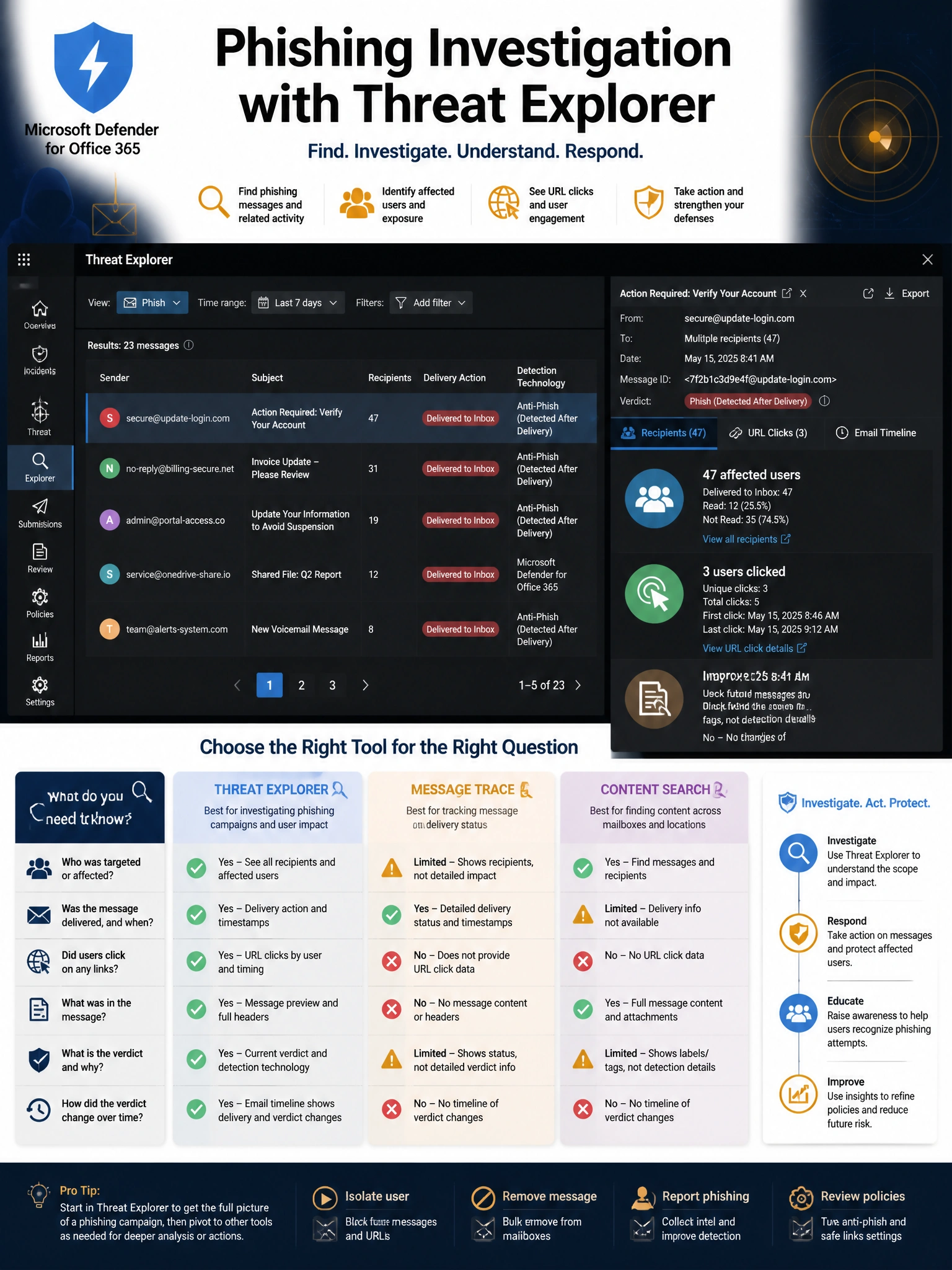 Portrait infographic (2048x1536) titled 'Phishing Investigation with Threat Explorer'. Dark blue and amber security operations color scheme. Center: a Threat Explorer dashboard mockup showing: top filter bar with 'Phish' view selected, a results table with columns for Sender, Subject, Recipients, Delivery Action (Delivered to Inbox - highlighted in red), and Detection Technology. Right panel: a selected email's detail view with three tabs highlighted: Recipients tab showing 47 affected users, URL click data tab showing 3 users clicked, Email timeline tab showing delivery then verdict change. Bottom: comparison showing Threat Explorer vs Message Trace vs Content Search — what each can and cannot answer about phishing campaigns. Defender for Office 365 shield icon.