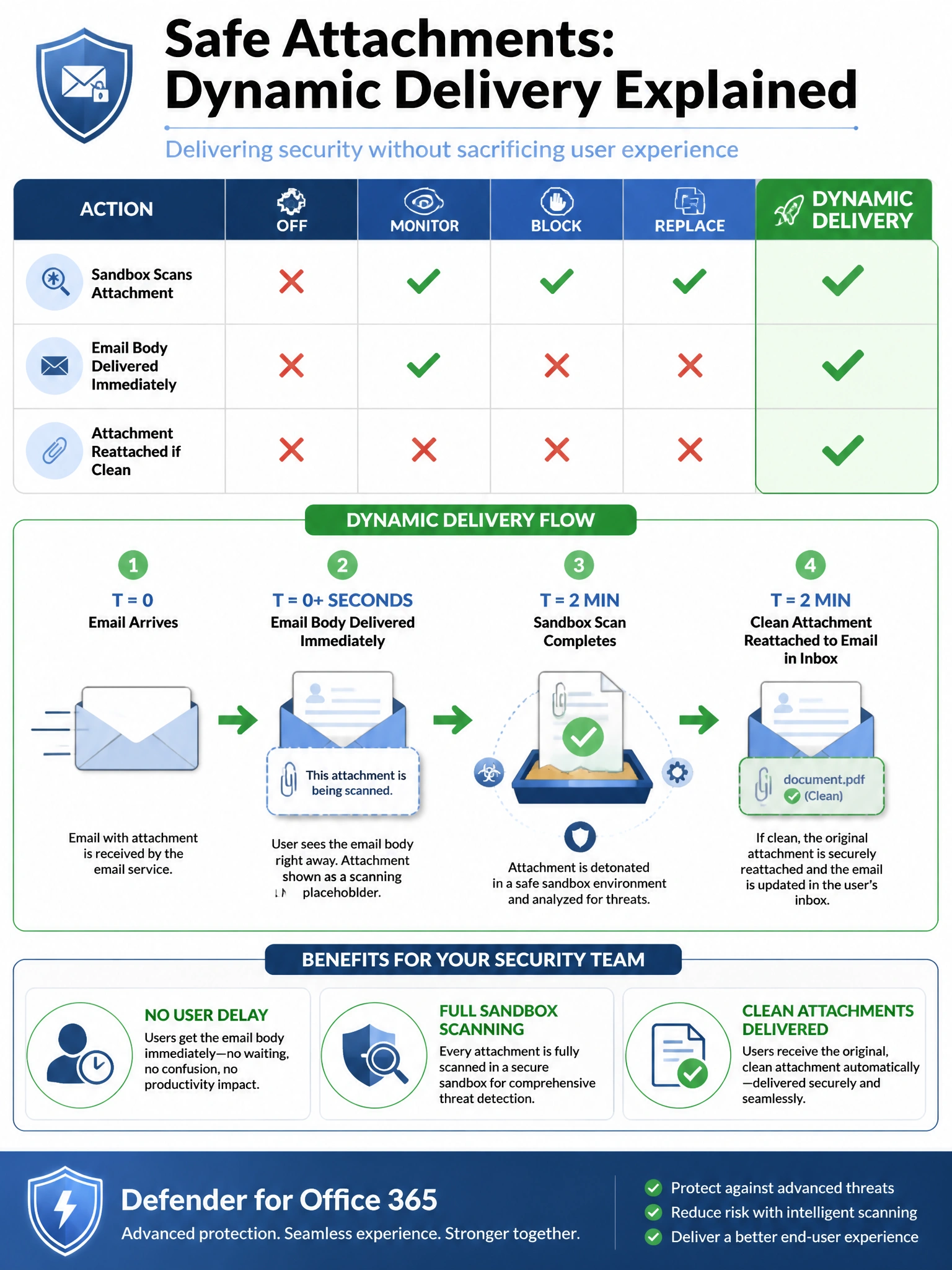Portrait infographic (2048x1536) titled 'Safe Attachments: Dynamic Delivery Explained'. Blue and green color scheme with email delivery flow. Top: a 5-column action comparison table (Off / Monitor / Block / Replace / Dynamic Delivery) with checkmarks and Xs for criteria: Sandbox Scans Attachment, Email Body Delivered Immediately, Attachment Reattached if Clean. Dynamic Delivery column highlighted in green with all three criteria checked. Center: a visual timeline showing Dynamic Delivery flow: email arrives (T=0) → email body delivered immediately, attachment = scanning placeholder (T=0+seconds) → sandbox scan completes (T=2min) → clean attachment reattached to email in inbox (T=2min). Bottom: security team benefit callouts — No User Delay, Full Sandbox Scanning, Clean Attachments Delivered. Defender for Office 365 shield icon.