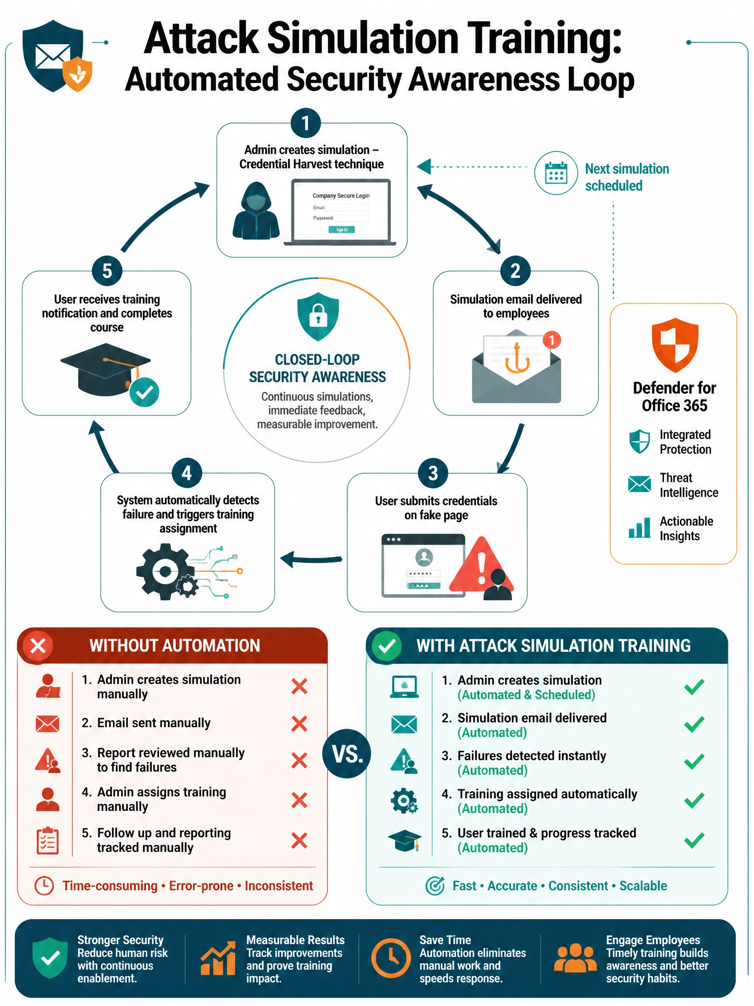 Portrait infographic (2048x1536) titled 'Attack Simulation Training: Automated Security Awareness Loop'. Dark teal and orange color scheme. Center: a circular closed-loop diagram with 5 steps connected by arrows: (1) Admin creates simulation - Credential Harvest technique icon, fake login page preview; (2) Simulation email delivered to employees - email envelope with phishing lure icon; (3) User submits credentials on fake page - warning triangle with user icon; (4) System automatically detects failure and triggers training assignment - gear/automation icon; (5) User receives training notification and completes course - graduation cap icon. Loop closes back to step 1 'Next simulation scheduled'. Bottom: two column callout — 'Without Automation' showing manual steps with red X vs 'With Attack Simulation Training' showing automated loop with green checkmarks. Defender for Office 365 icon.