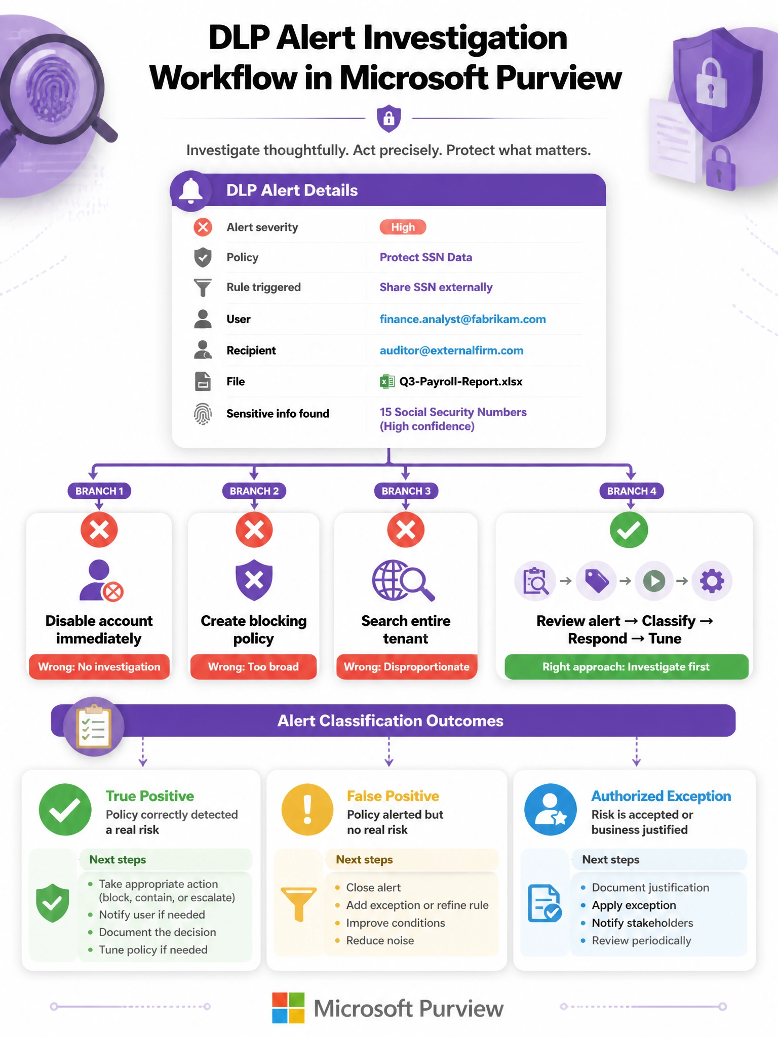 Portrait infographic (2048x1536) titled 'DLP Alert Investigation Workflow in Microsoft Purview'. Purple and white color scheme with investigation theme. Center: a DLP Alert detail panel mockup showing: Alert severity = High, Policy = Protect SSN Data, Rule triggered = Share SSN externally, User = finance.analyst@fabrikam.com, Recipient = auditor@externalfirm.com, File = Q3-Payroll-Report.xlsx, Sensitive info found = 15 Social Security Numbers (High confidence). Four decision branch arrows: Branch 1 (red X) = Disable account immediately - labeled 'Wrong: No investigation'. Branch 2 (red X) = Create blocking policy - labeled 'Wrong: Too broad'. Branch 3 (red X) = Search entire tenant - labeled 'Wrong: Disproportionate'. Branch 4 (green checkmark) = Review alert → Classify → Respond → Tune. Bottom: Alert classification outcomes — True Positive, False Positive, Authorized Exception — each with appropriate next steps. Microsoft Purview logo.