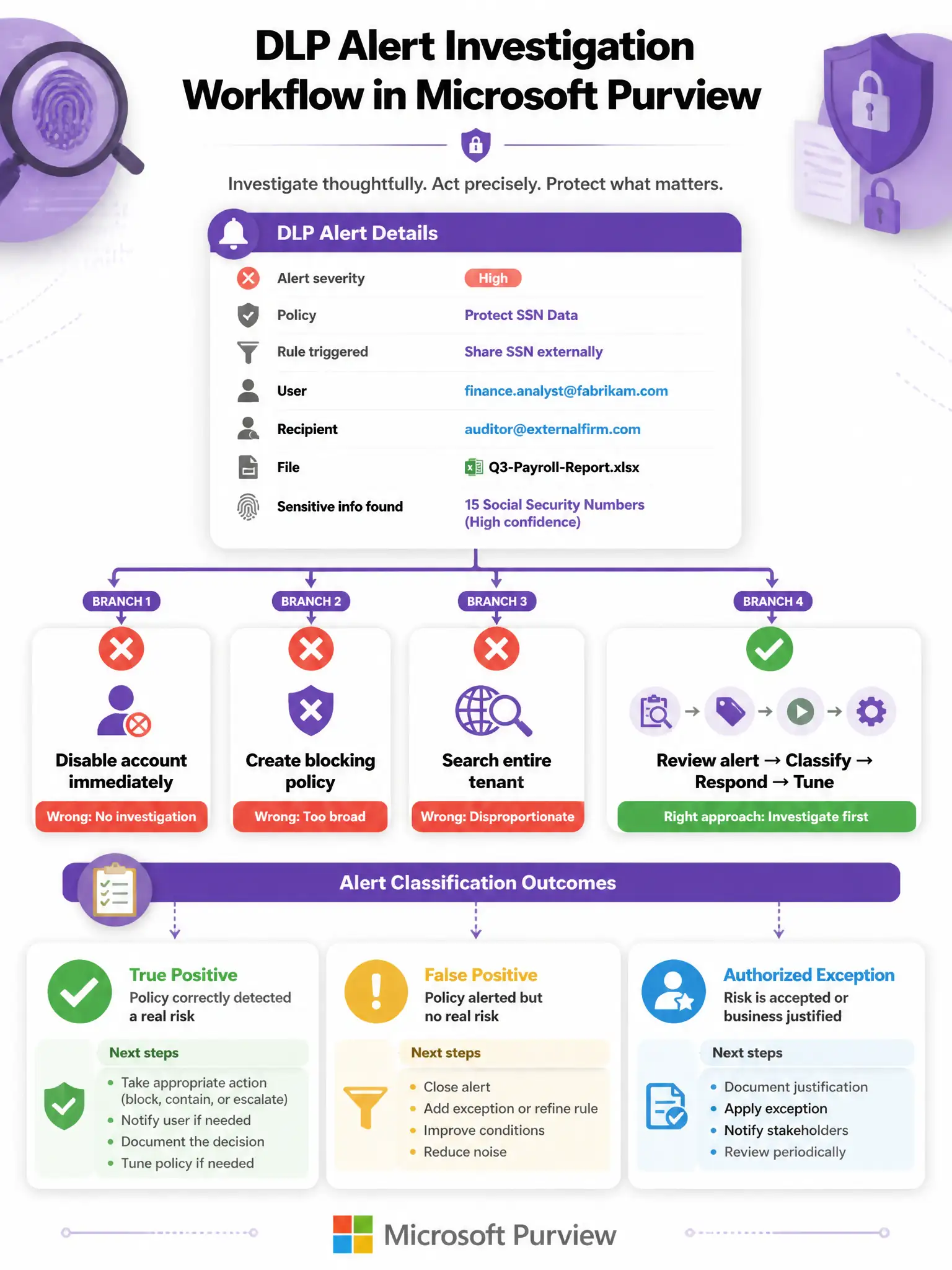 Portrait infographic (2048x1536) titled 'DLP Alert Investigation Workflow in Microsoft Purview'. Purple and white color scheme with investigation theme. Center: a DLP Alert detail panel mockup showing: Alert severity = High, Policy = Protect SSN Data, Rule triggered = Share SSN externally, User = finance.analyst@fabrikam.com, Recipient = auditor@externalfirm.com, File = Q3-Payroll-Report.xlsx, Sensitive info found = 15 Social Security Numbers (High confidence). Four decision branch arrows: Branch 1 (red X) = Disable account immediately - labeled 'Wrong: No investigation'. Branch 2 (red X) = Create blocking policy - labeled 'Wrong: Too broad'. Branch 3 (red X) = Search entire tenant - labeled 'Wrong: Disproportionate'. Branch 4 (green checkmark) = Review alert → Classify → Respond → Tune. Bottom: Alert classification outcomes — True Positive, False Positive, Authorized Exception — each with appropriate next steps. Microsoft Purview logo.
