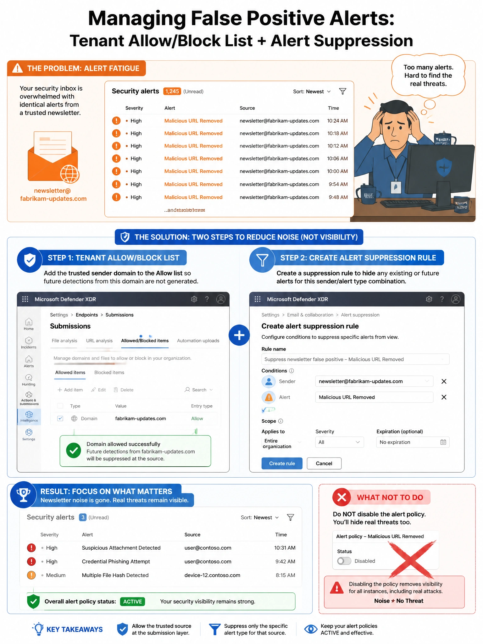 2048x1536 portrait infographic titled 'Managing False Positive Alerts: Tenant Allow/Block List + Alert Suppression' with a Microsoft security blue and orange color scheme. Top section shows an 'Alert Fatigue' scenario: a security inbox overflowing with identical orange alert icons all labeled 'Malicious URL Removed' with the same newsletter sender. A stressed security analyst icon sits overwhelmed at a workstation. Center section shows the two-step solution as parallel tracks: Left track labeled 'Step 1: Tenant Allow/Block List' showing the Defender portal Submissions page mockup with a domain being added to the Allow list with a green checkmark. Right track labeled 'Step 2: Create Alert Suppression Rule' showing the Defender XDR settings panel with a suppression rule being configured for the specific sender/alert type combination, with scope fields showing 'Sender: newsletter@fabrikam-updates.com' and 'Alert: Malicious URL Removed.' Bottom section shows the RESULT: Security inbox with only real threat alerts remaining, newsletter noise gone, and the overall alert policy shown as still ACTIVE with a green status badge. Use orange (#FF8C00) for the noise/false positive elements and blue (#0078D4) for the correct solution. Add a small 'What NOT to do' section showing a red X over disabling the alert policy entirely.
