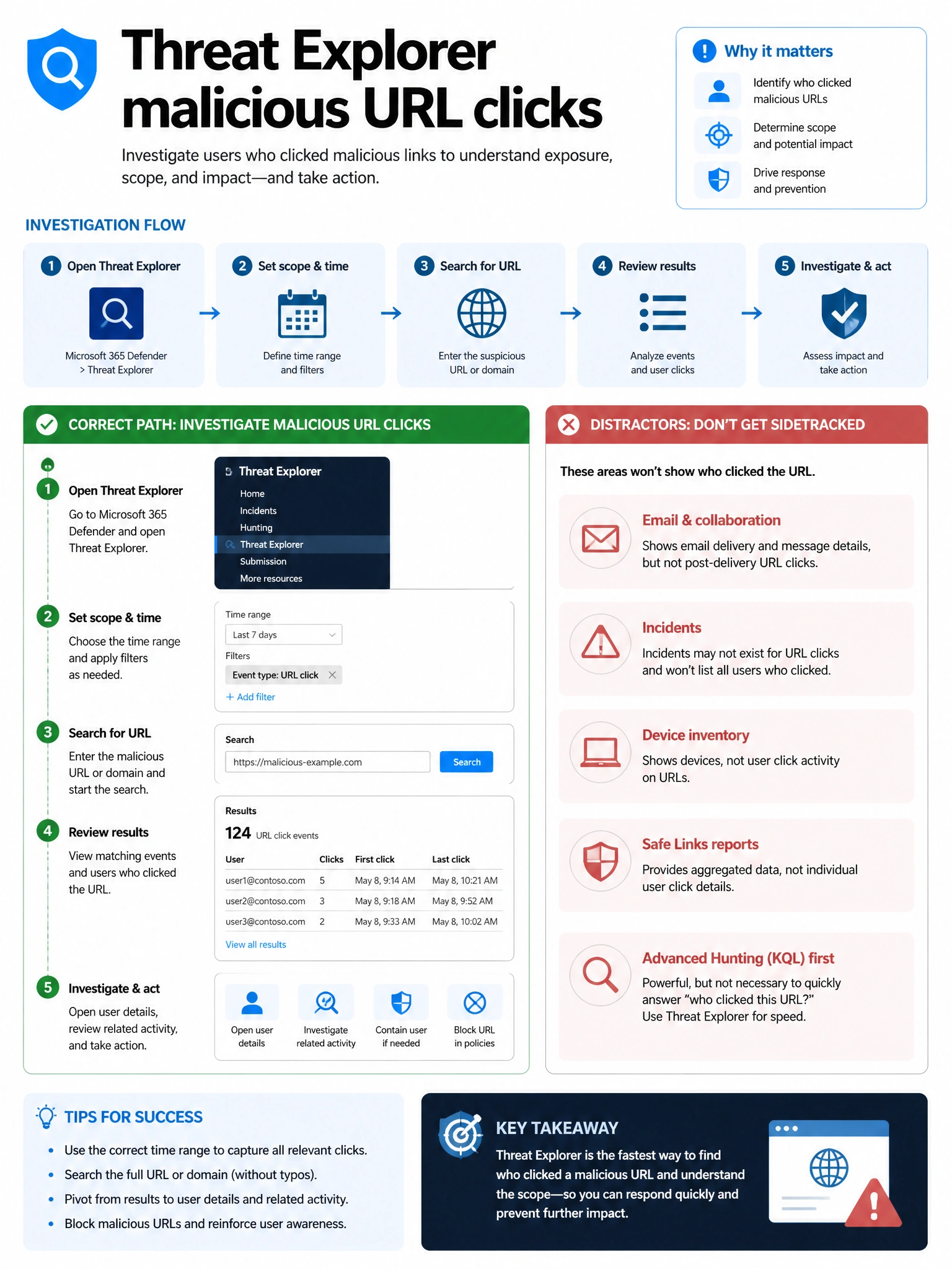 Portrait infographic 2048x1536, Microsoft admin-portal style (blue #0078D4, white, dark navy). Title topic: Threat Explorer malicious URL clicks. Clear labels, correct-path callout in green, distractors in muted red, simple flow or side-by-side comparison, clean icons, no decorative clutter.