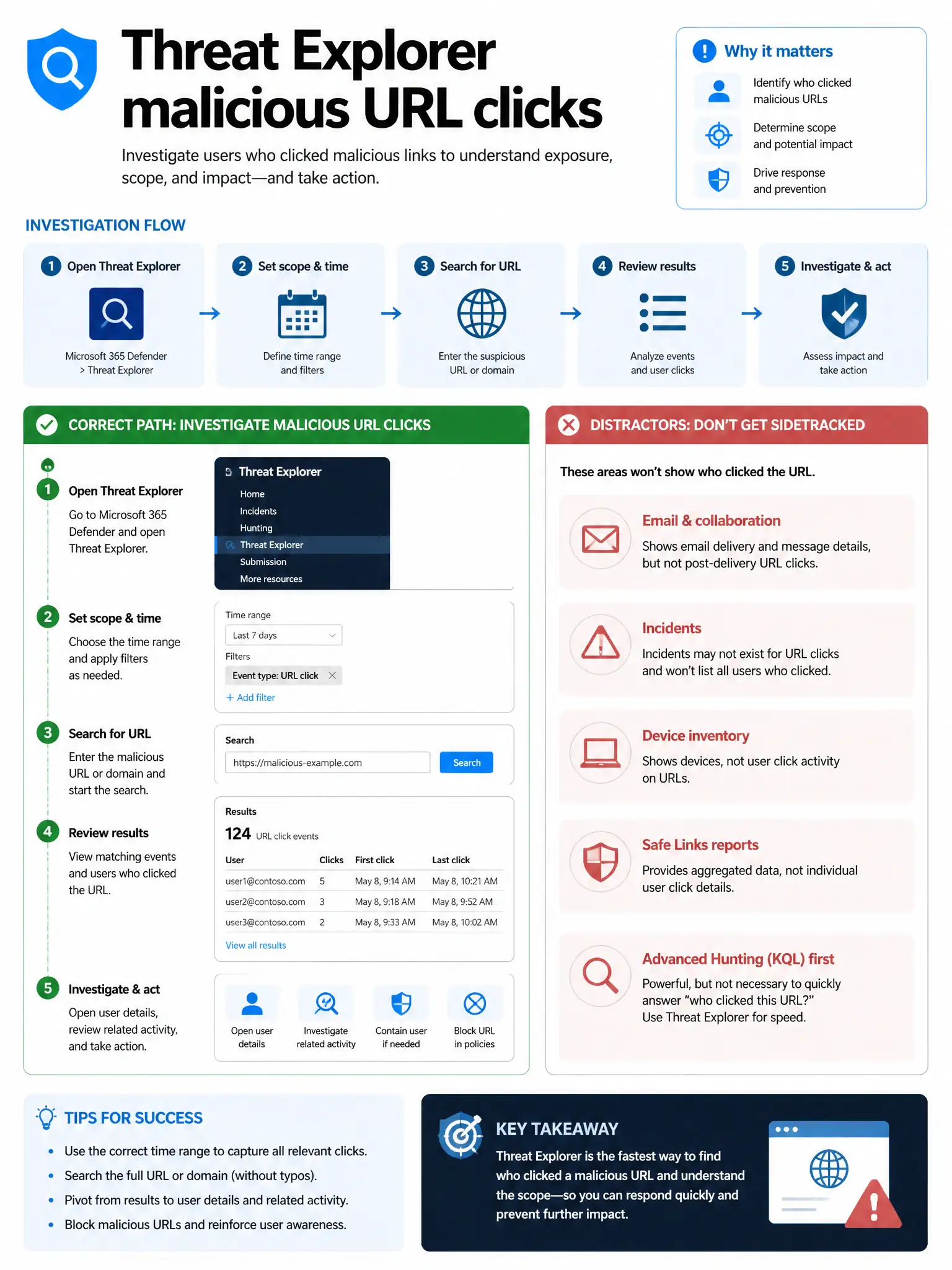 Portrait infographic 2048x1536, Microsoft admin-portal style (blue #0078D4, white, dark navy). Title topic: Threat Explorer malicious URL clicks. Clear labels, correct-path callout in green, distractors in muted red, simple flow or side-by-side comparison, clean icons, no decorative clutter.