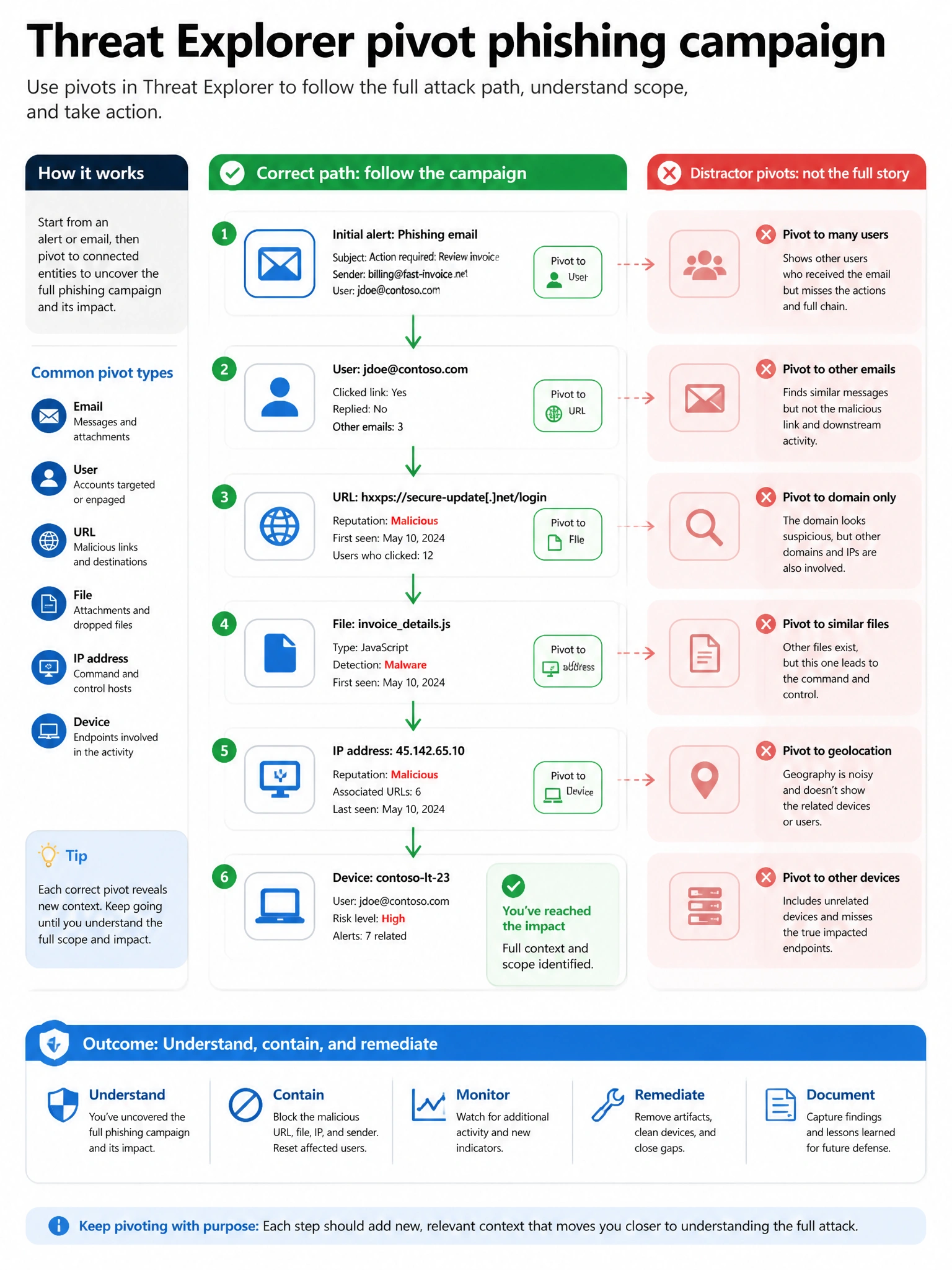 Portrait infographic 2048x1536, Microsoft admin-portal style (blue #0078D4, white, dark navy). Title topic: Threat Explorer pivot phishing campaign. Clear labels, correct-path callout in green, distractors in muted red, simple flow or side-by-side comparison, clean icons, no decorative clutter.
