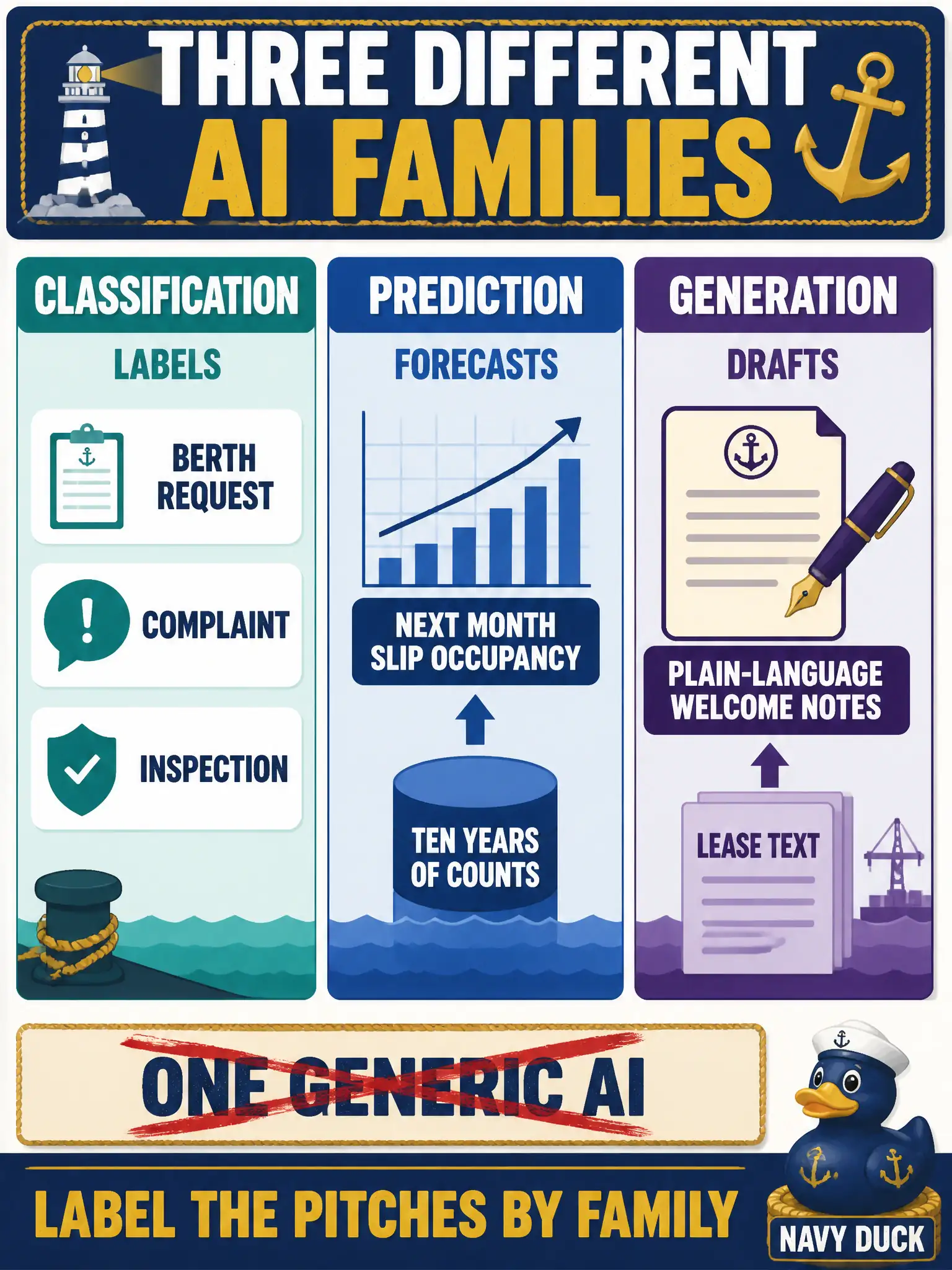 To Create an exciting colorful infographic that explains the concepts in the question: Question: A harbor-master office hears three vendor pitches: one labels incoming forms as berth request, complaint, or inspection; one forecasts next month’s slip occupancy from ten years of counts; one drafts plain-language welcome notes from the lease text. How should a leader label those pitches? Correct Answer: Classification, prediction, and generation — three different AI families, not one generic “AI.” Put EVERY visible label in double quotes. No people. No A/B/C/D letters. In one of the four corners put a little "Navy Duck".