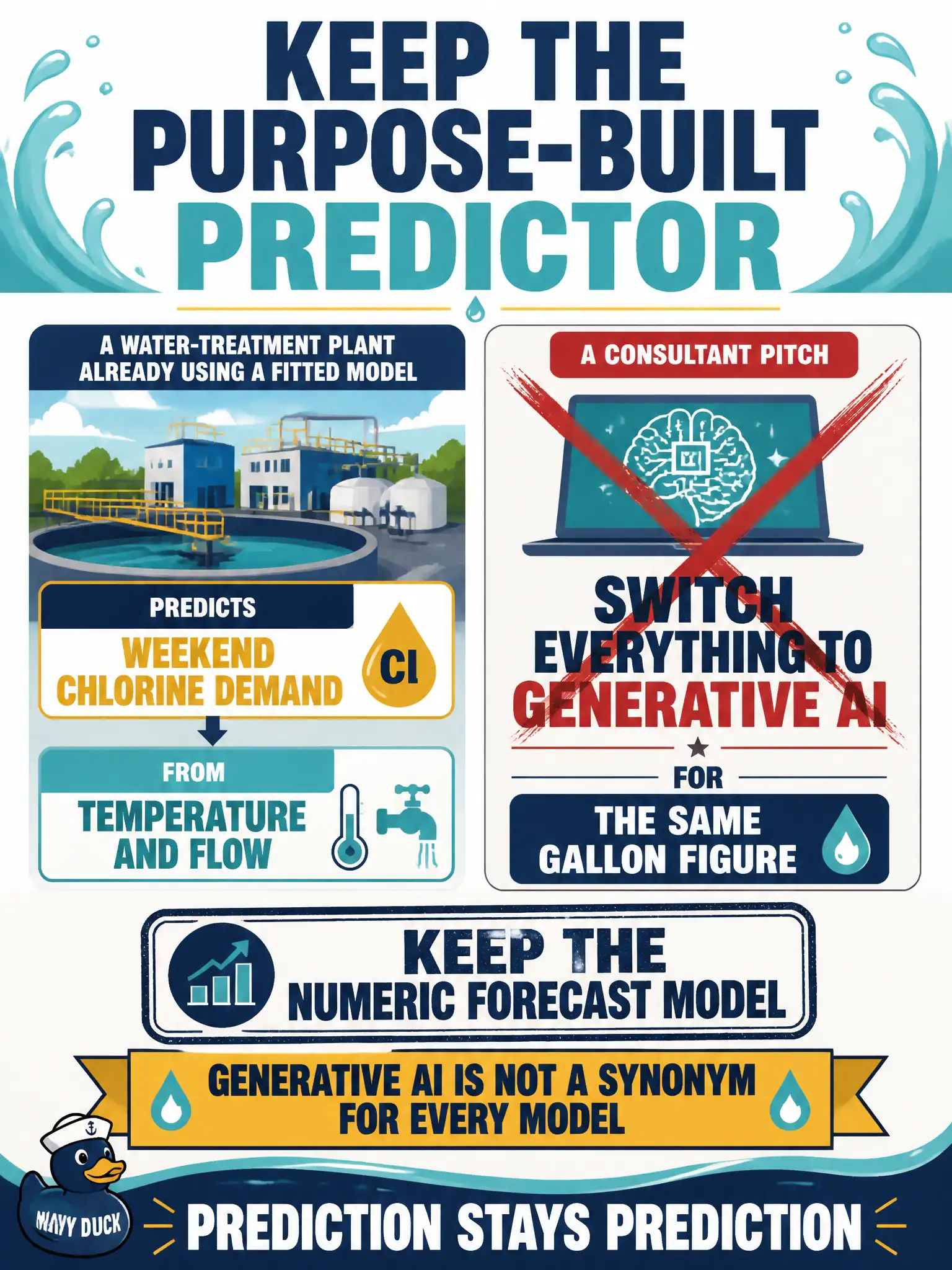 To Create an exciting colorful infographic that explains the concepts in the question: Question: A water-treatment plant already uses a fitted model that predicts weekend chlorine demand from temperature and flow. A consultant says they should “switch everything to generative AI” for that same gallon figure. What should the leader decide? Correct Answer: Keep the purpose-built predictor for the numeric forecast. Generative AI is not a synonym for every model. Put EVERY visible label in double quotes. No people. No A/B/C/D letters. In one of the four corners put a little "Navy Duck".