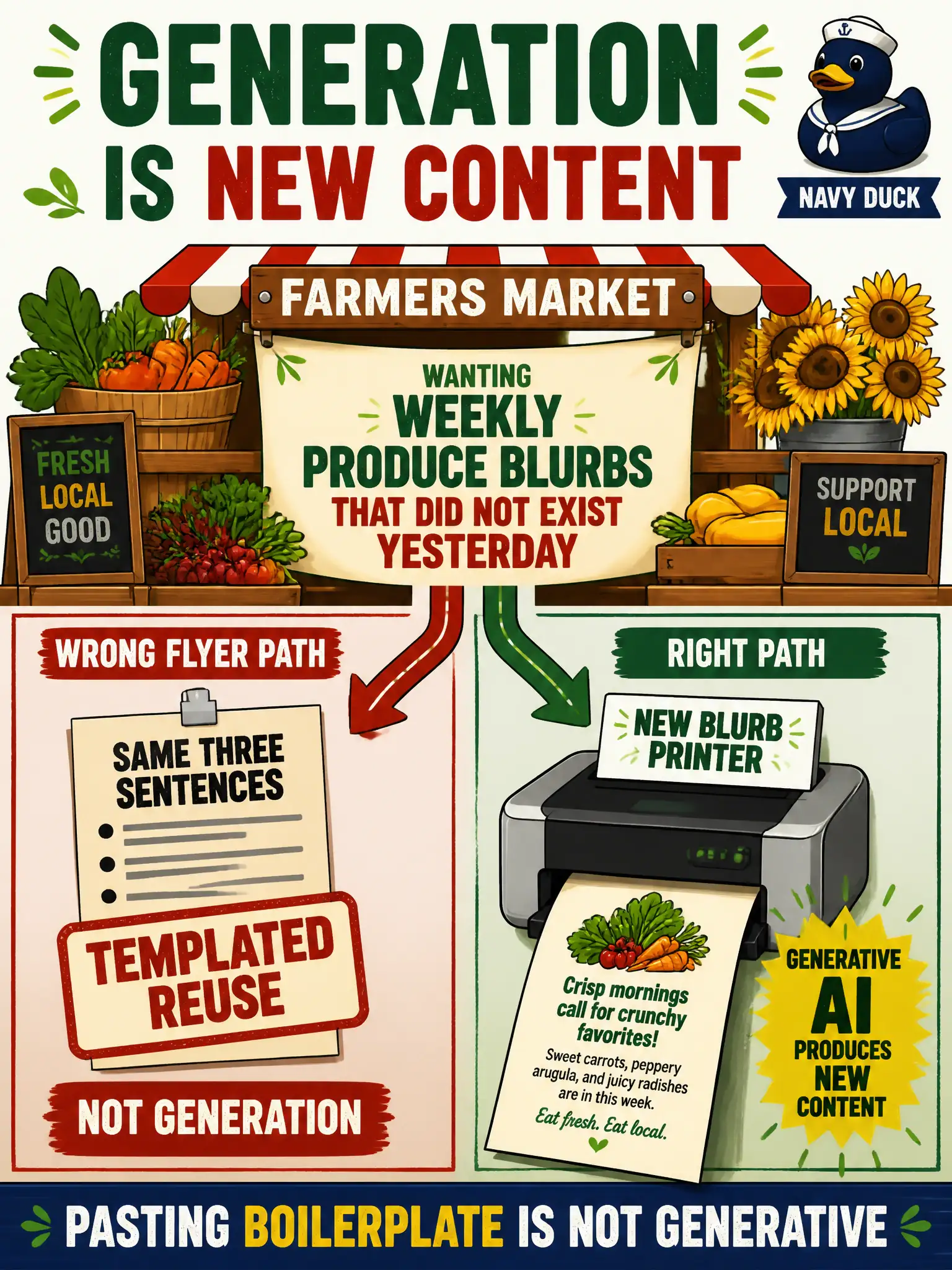 To Create an exciting colorful infographic that explains the concepts in the question: Question: A weekend farmers-market stall wants weekly produce blurbs that did not exist yesterday. A volunteer says their flyer that pastes the same three sentences is already “generative.” What should the leader recognize? Correct Answer: Generative AI produces new content. Pasting existing boilerplate is templated reuse, not generation. Put EVERY visible label in double quotes. No people. No A/B/C/D letters. In one of the four corners put a little "Navy Duck".