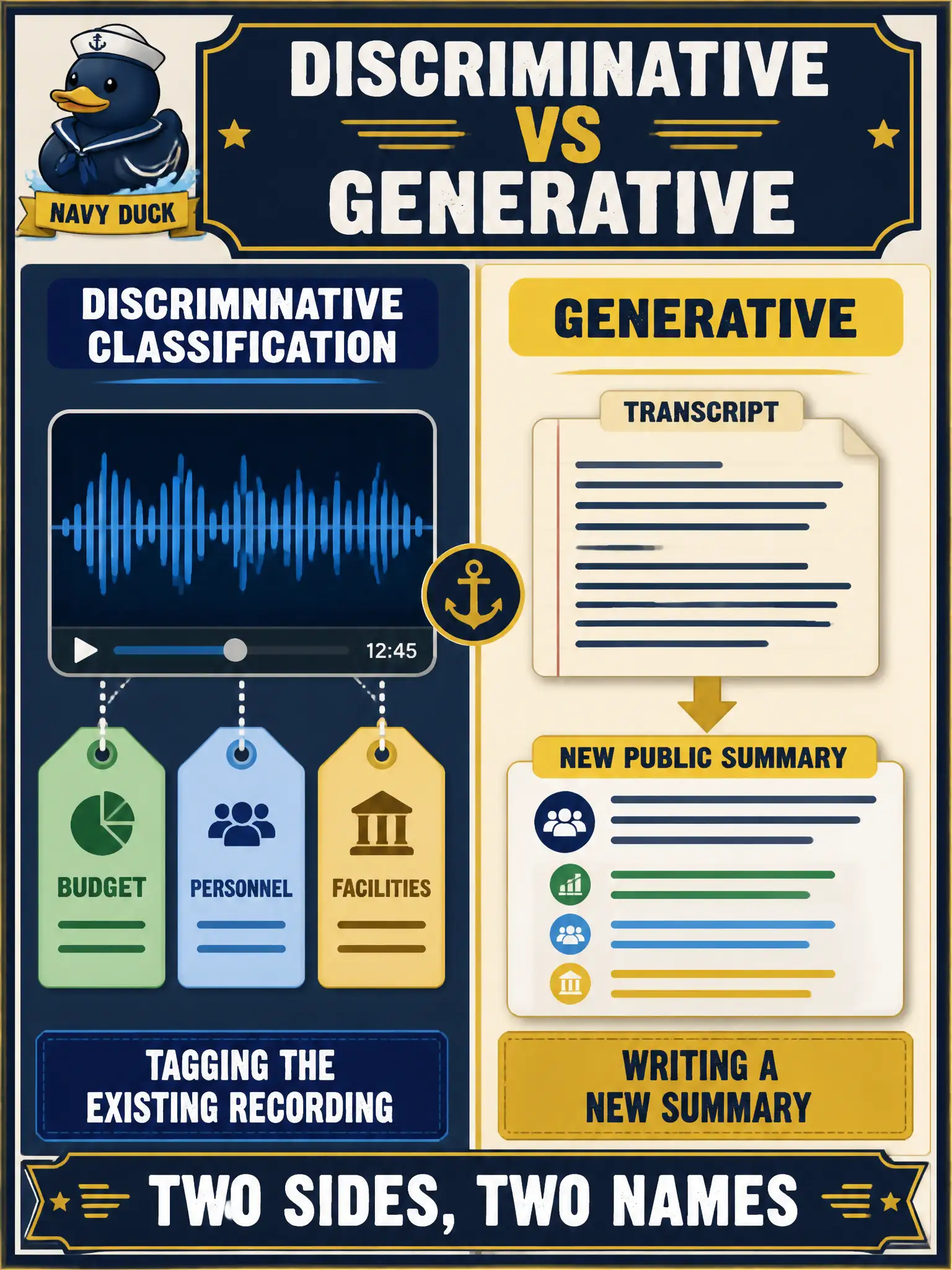 To Create an exciting colorful infographic that explains the concepts in the question: Question: A school-board archive compares a tool that tags meeting audio as budget, personnel, or facilities with a tool that writes a public summary from the transcript. How should the leader name those sides? Correct Answer: Tagging the existing recording is discriminative classification. Writing a new summary is generative. Put EVERY visible label in double quotes. No people. No A/B/C/D letters. In one of the four corners put a little "Navy Duck".