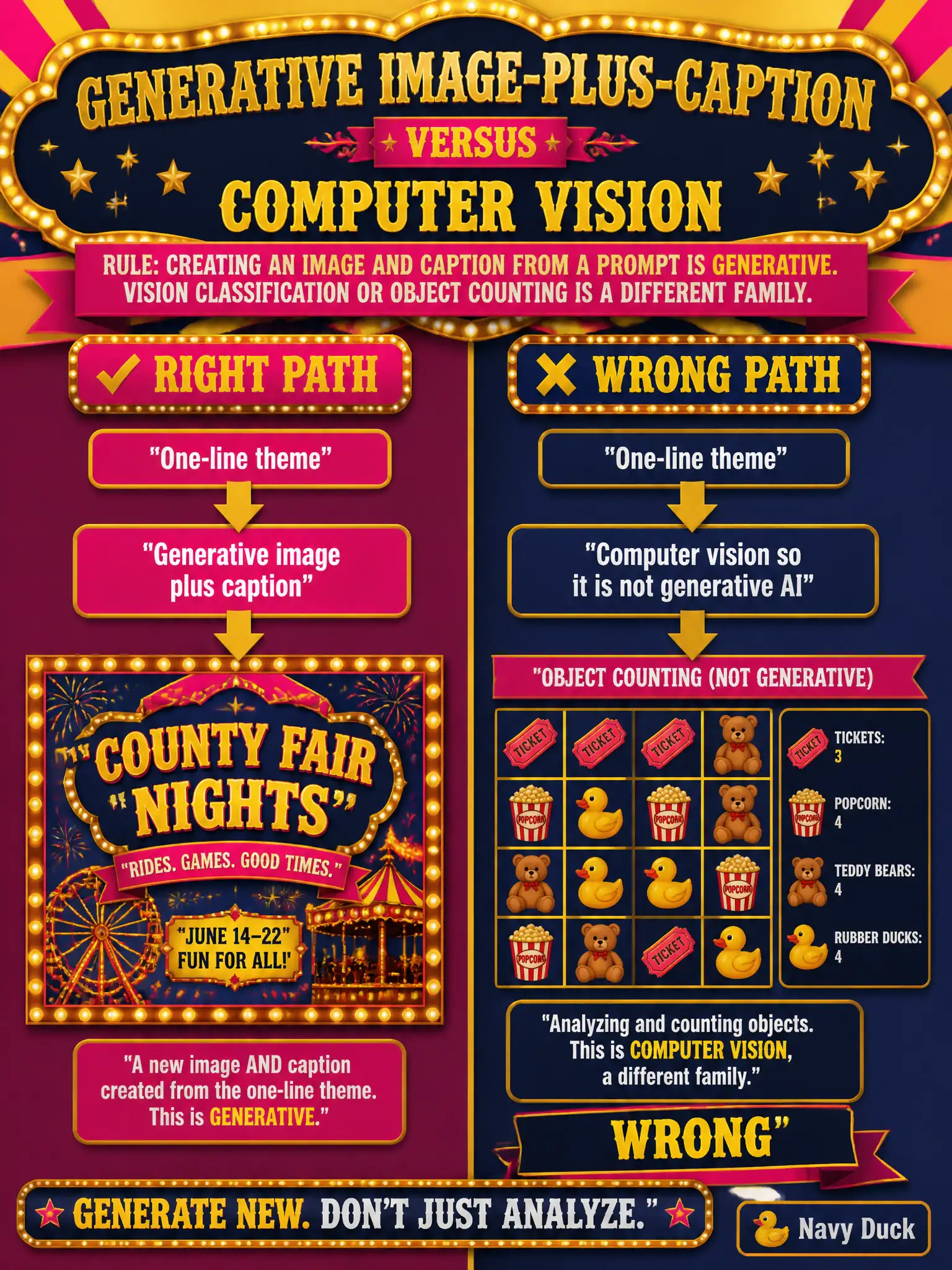 To Create an exciting colorful infographic that explains the concepts in the question: Question: A county-fair board wants a midway poster (image plus caption) from a one-line theme. A staffer says this is “computer vision, so it is not generative AI.” What should the leader conclude? Correct Answer: Creating an image and caption from a prompt is generative. Vision classification or object counting is a different family. Put EVERY visible label in double quotes. No people. No A/B/C/D letters. In one of the four corners put a little "Navy Duck".