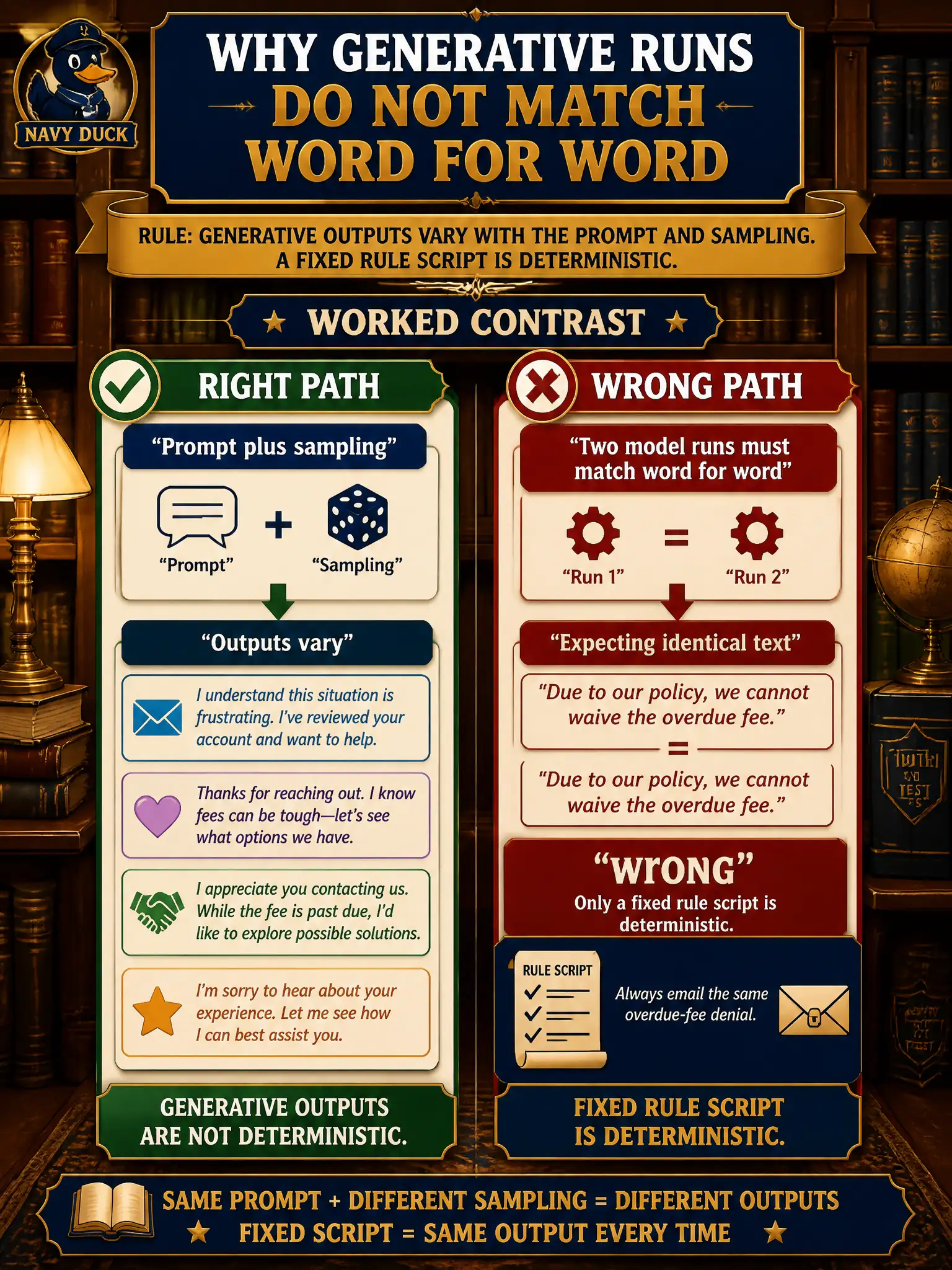 To Create an exciting colorful infographic that explains the concepts in the question: Question: A library compares a script that always emails the same overdue-fee denial with a model that writes a tailored reply. Counsel asks why two runs of the model will not match word for word. What should the leader explain? Correct Answer: Generative outputs vary with the prompt and sampling. A fixed rule script is deterministic. Put EVERY visible label in double quotes. No people. No A/B/C/D letters. In one of the four corners put a little "Navy Duck".