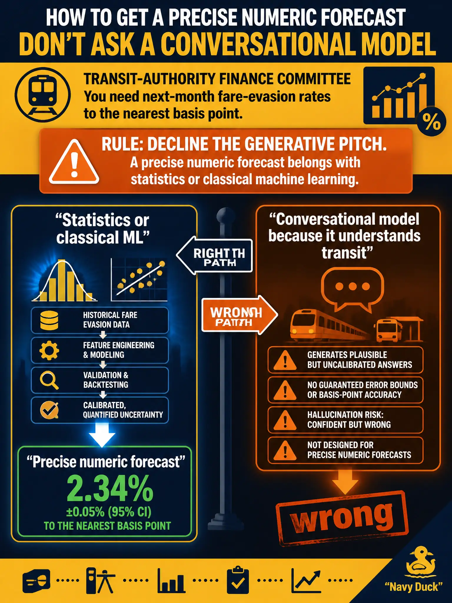 To Create an exciting colorful infographic that explains the concepts in the question: Question: A transit-authority finance committee wants next-month fare-evasion rates to the nearest basis point. A vendor pitches a conversational model “because it understands transit.” What should the leader do? Correct Answer: Decline the generative pitch. A precise numeric forecast belongs with statistics or classical machine learning. Put EVERY visible label in double quotes. No people. No A/B/C/D letters. In one of the four corners put a little "Navy Duck".